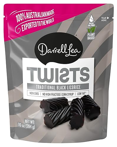 Miniatura 1 de Darrell Lea Twists Regaliz australiano, sin OMG, sin aceite de palma, a base de plantas, Kosher, bajo en grasa, negro tradicional, bolsa de 10 onzas