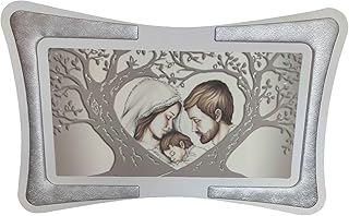 Quadro Albero della Vita Sacra Famiglia con Cornice in Ecopelle Bianca con Inserto Imbottito Fili Argento o Rame e Brillante Oro; Regali utili Originali e a Prezzi Bassi. (Argento 60x90cm)