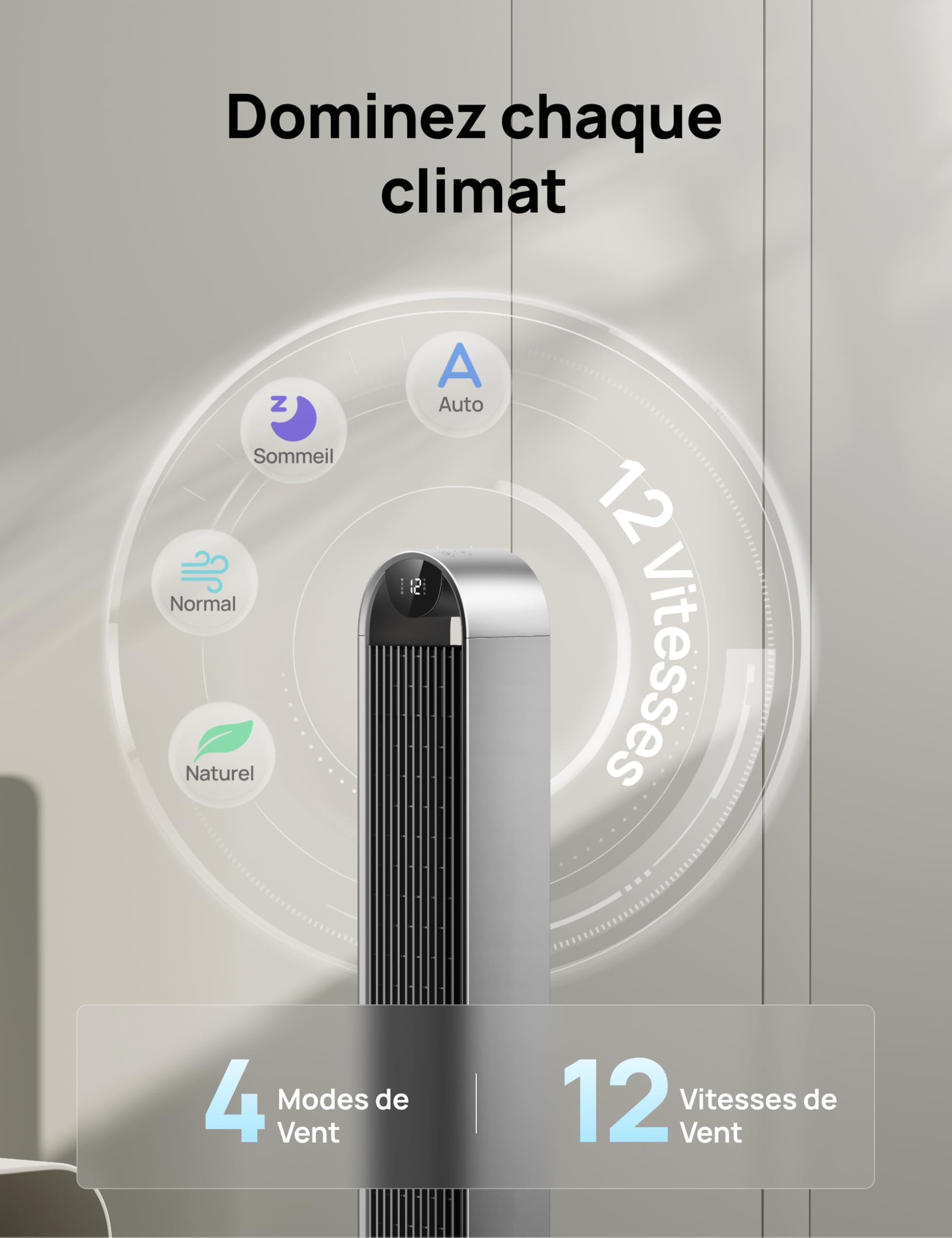 DREO 25dB Pilot Max Smart WiFi Ventilateur colonne avec Commande Vocale, Fonctionne avec Alexa, Contrôle APP, Ventilateur silencieux sans pale avec télécommande, Oscillant à 120°, 4 modes 12 vitesses
