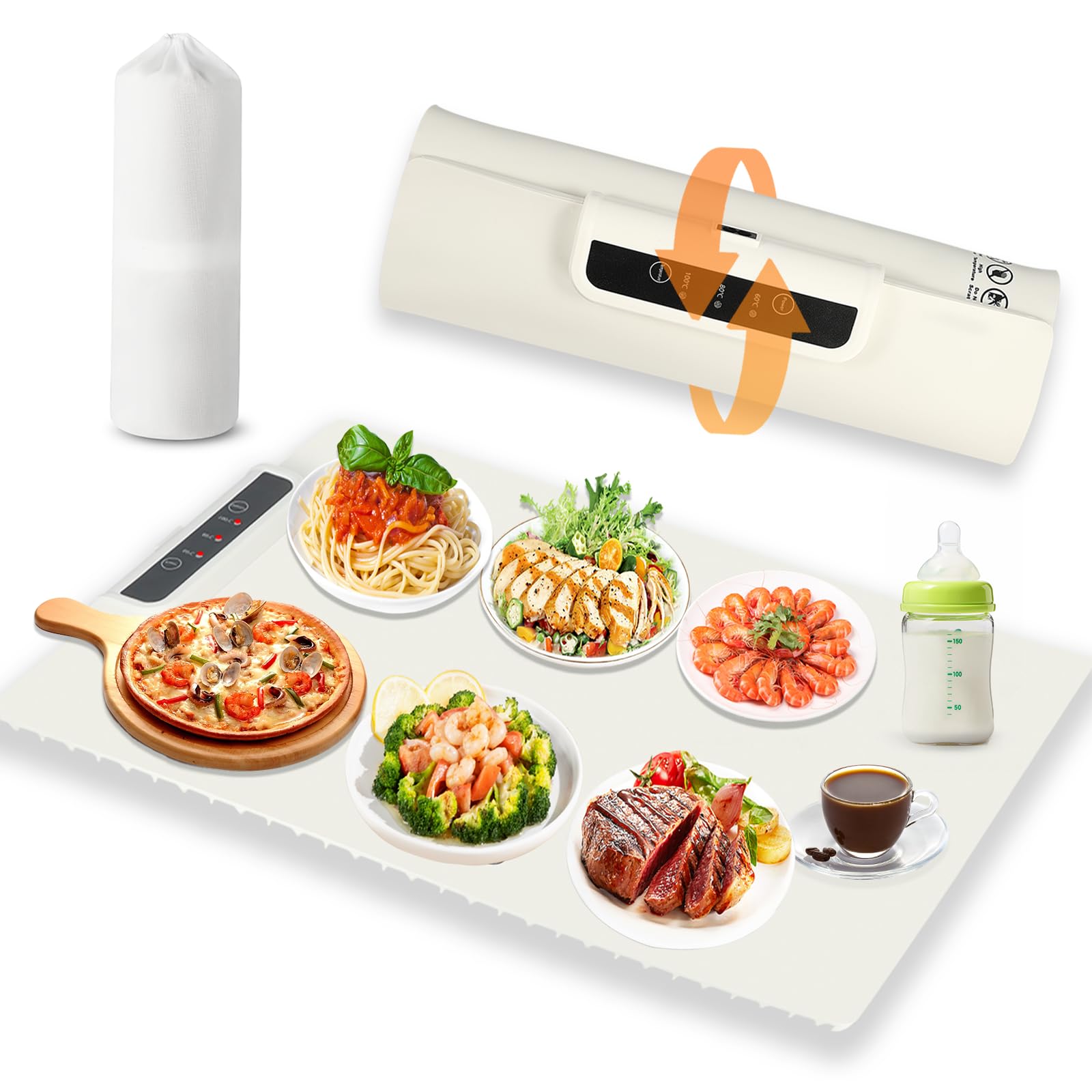 Plateau Chauffant Électrique, Chauffe Plat Électrique Pliable Enroulable, Tapis Plateau Chauffant Electrique avec Minuteur et 3 Réglages de Température (60 x 38cm (4-6 Plats))