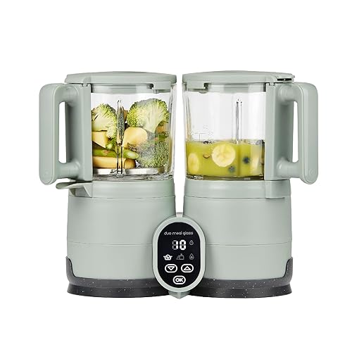 Babymoov Duo Meal Glass - Máquina de alimentos para bebés, color verde celadón, vaporizador 4 en 1, licuadora, descongeladora y calentador con