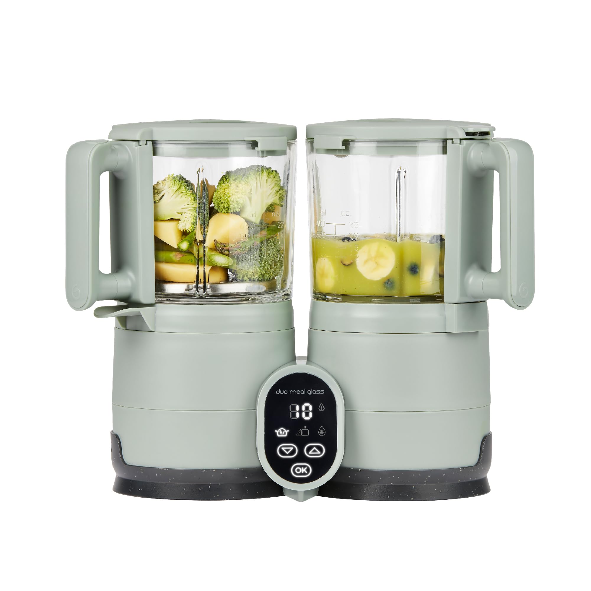 Babymoov Duo Meal Glass - Máquina para preparar comida para bebés (verde celadón), 4 en 1, vaporera, licuadora, descongelador y calentador con temporizador programable, recipientes de vidrio de gran capacidad, apto para lavavajillas.