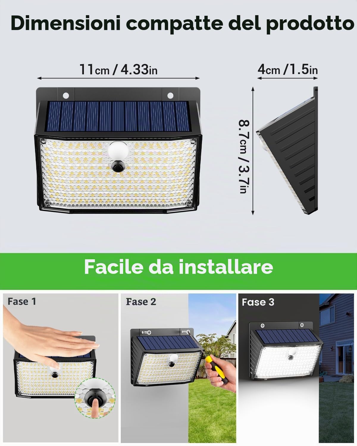 nipify Faretti Solari a Led da Esterno, Luce Solare Led Esterno con Sensore di Movimento 3 Modalità Lampada Solare da Esterno IP65 Impermeabile per Giardino Garage Patio Parete
