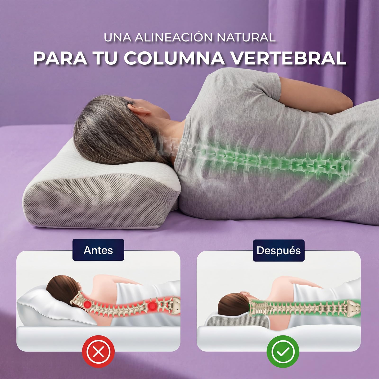 Noctis Almohada Cervical, Almohada Noctis de Espuma Viscoelástica de Recuperación Lenta, Diseño Mariposa Ergonómico con Funda Lavable, para Dormir de Lado, Boca Arriba y Boca Abajo (Gris)