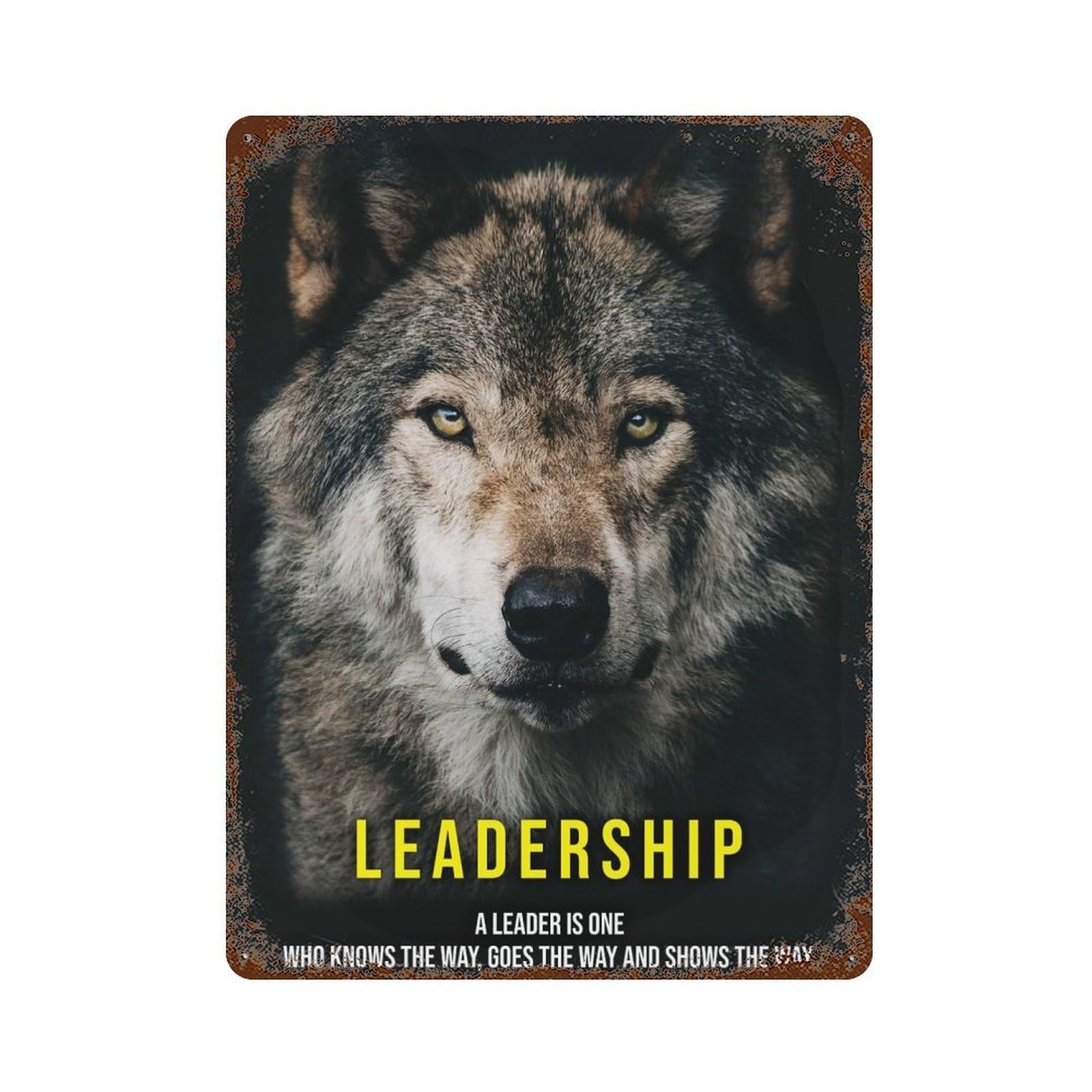 Rust Effect Leadership Alpha Wolf Aged Metal Wall Plaque 15.7"x11.8", Shabby Chic Decor for Living Room, Hallway And Home Decor