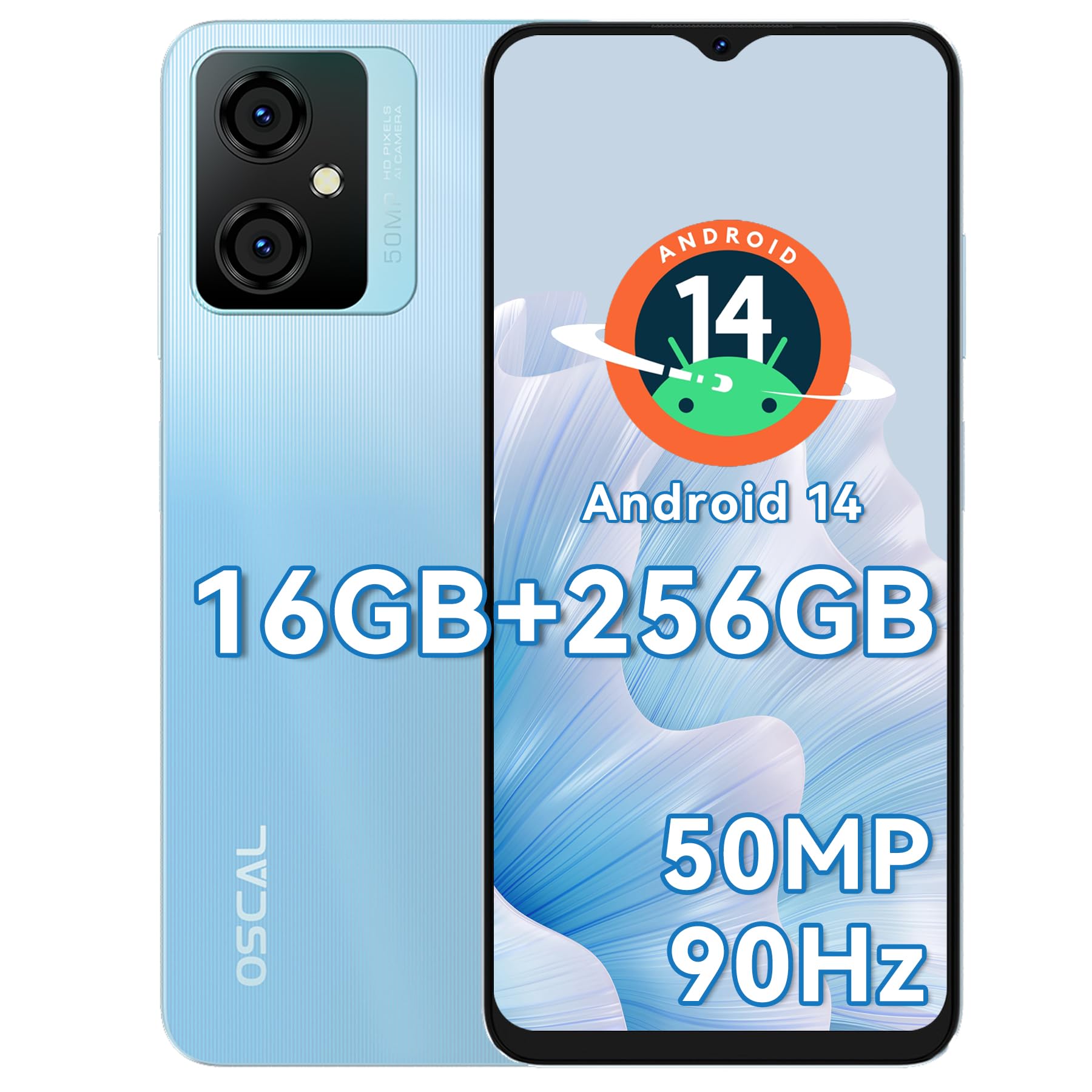 OSCAL Tiger 10 Smartphone, Android 14 Telefono Cellulare, 16GB+256GB/1TB-TF, Octa-Core, 6.56" HD+/90Hz, 50MP+8MP, 5180mAh, 4G Dual SIM Smartphone Offerta Fingerprint/Face ID/OTG/GPS Blu