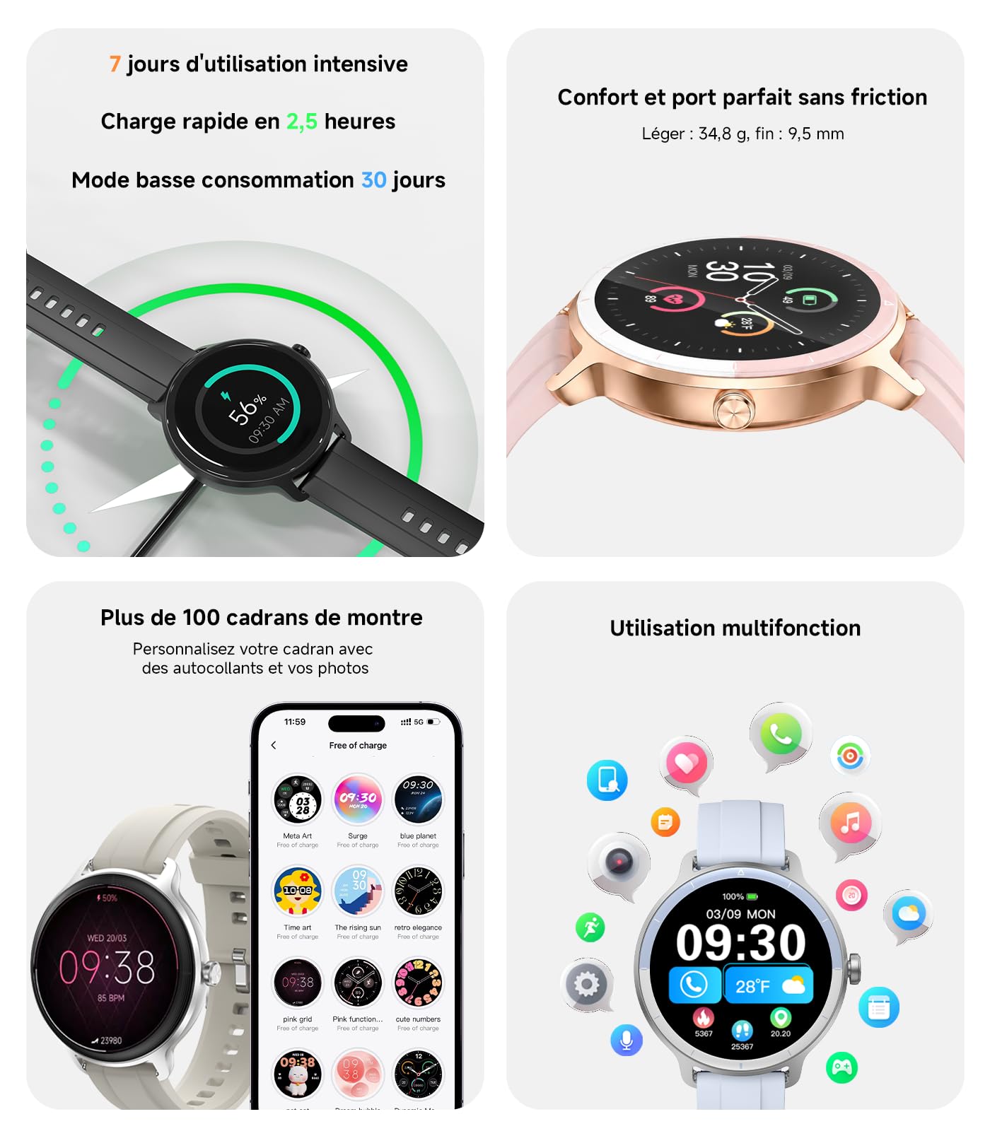 Montre intelligente femme,ultra-mince 0,39",suivi 24H | Appels Bluetooth, ip68 étanche, fréquence cardiaque / cycle Tracker, 100 + modes sportifs, compatible Android / iPhone