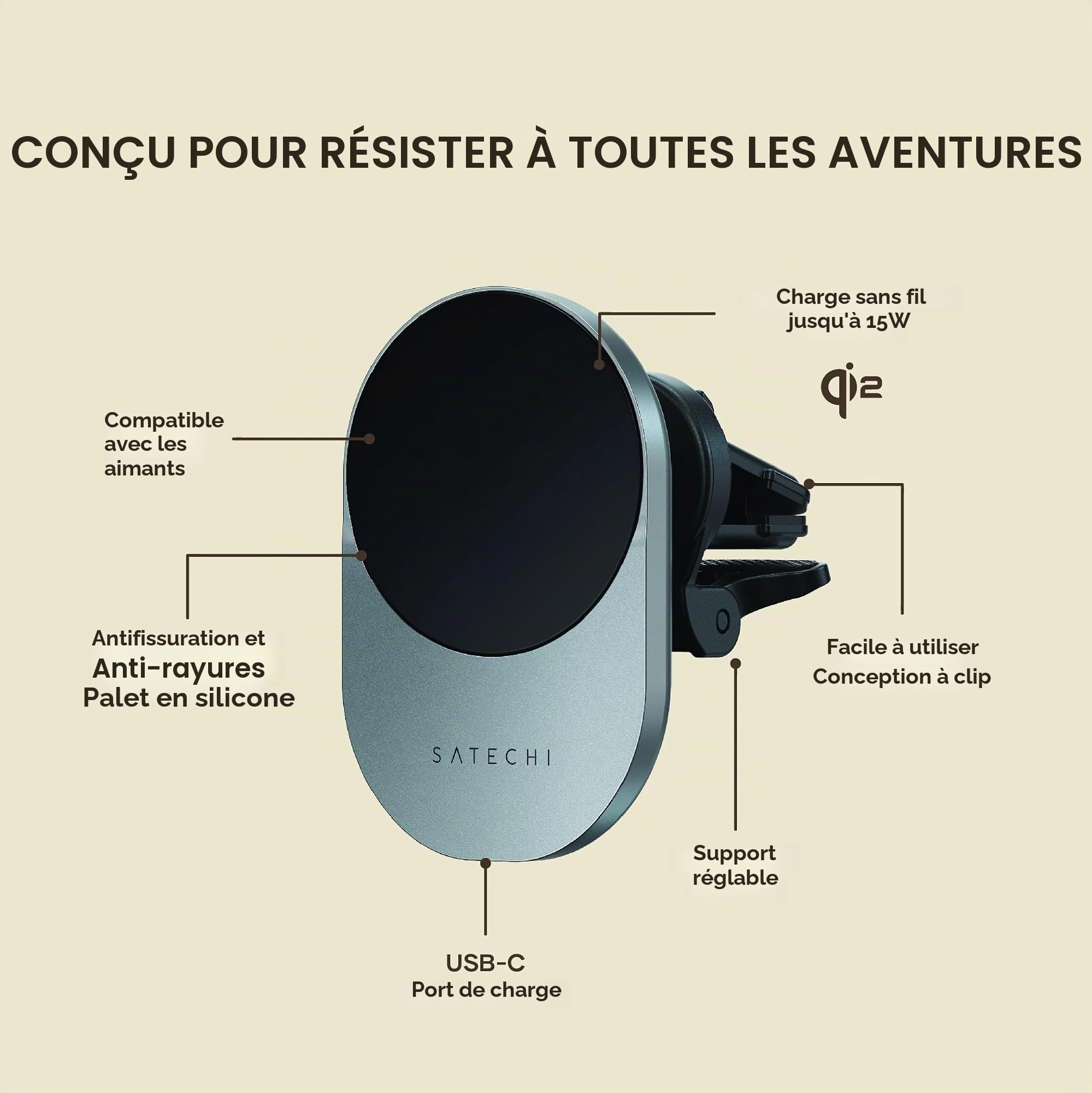 SATECHI Chargeur Voiture sans Fil Qi2, Charge Rapide 15W