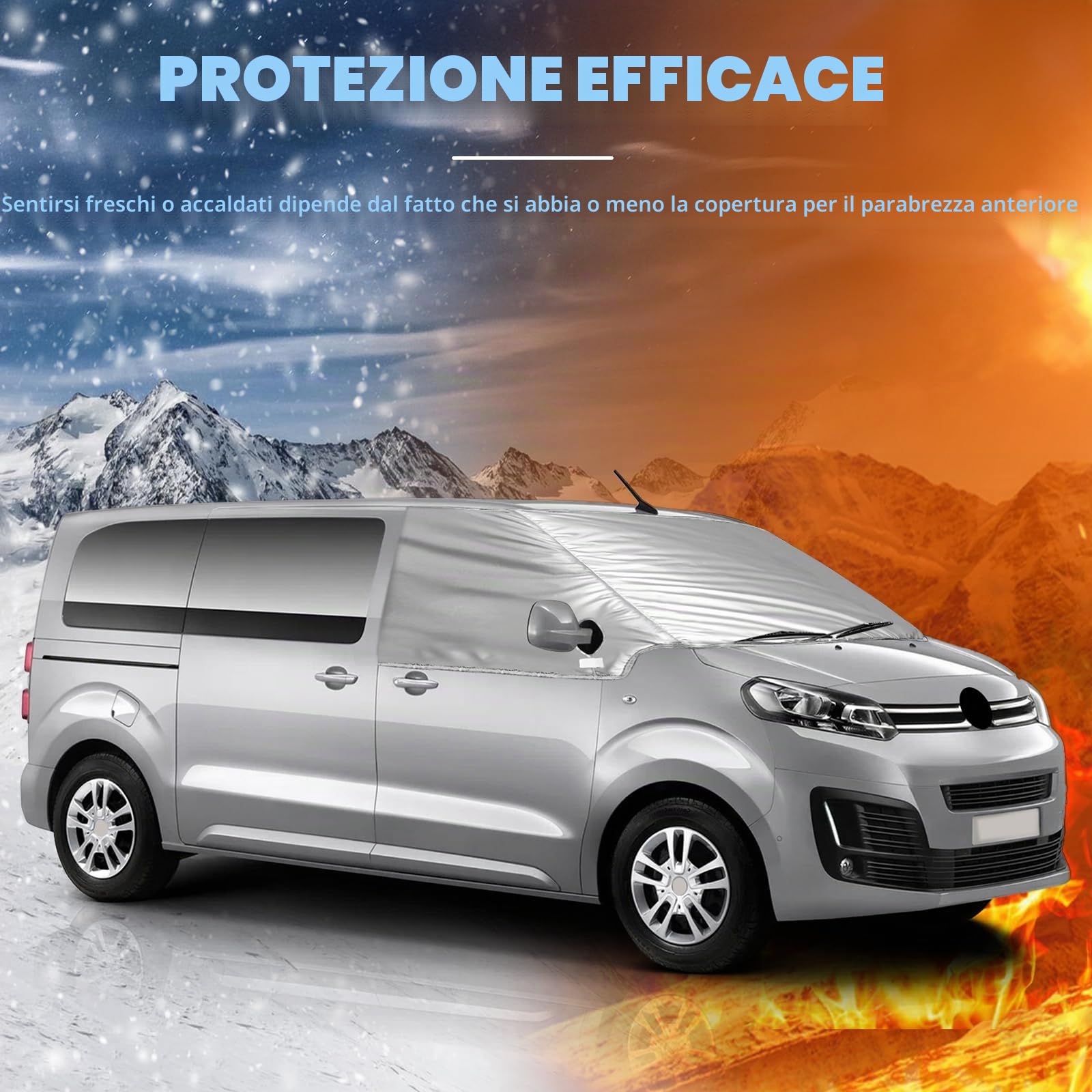 Copertura per Parabrezza Auto compatibile con 2016-2025 Citroen Jumpy 2019-2025 Opel Vivaro 2022-2025 Fiat Scudo, Argentato Parasole per Finestrino Anteriore, 100% Oscurante, Blocca i Raggi UV