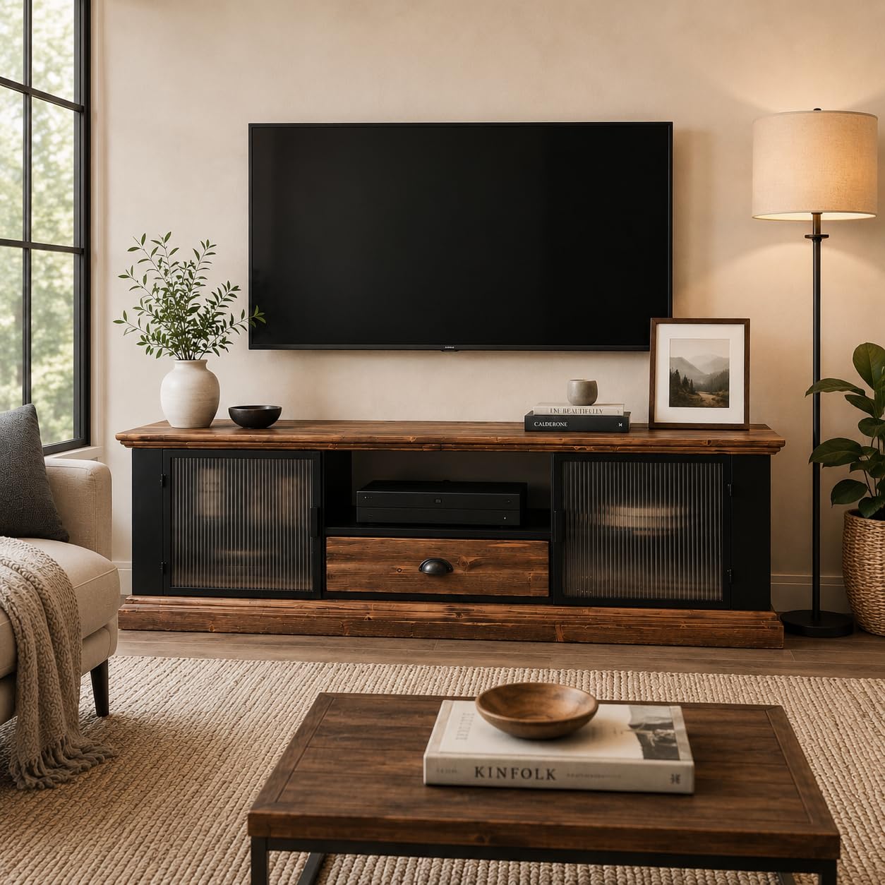 StoneCreek TV Stand for up to 70 Inch TV, Solid Wood Entertainment Center with Storage Cabinet, Farmhouse TV Console for Living Room, Bedroom