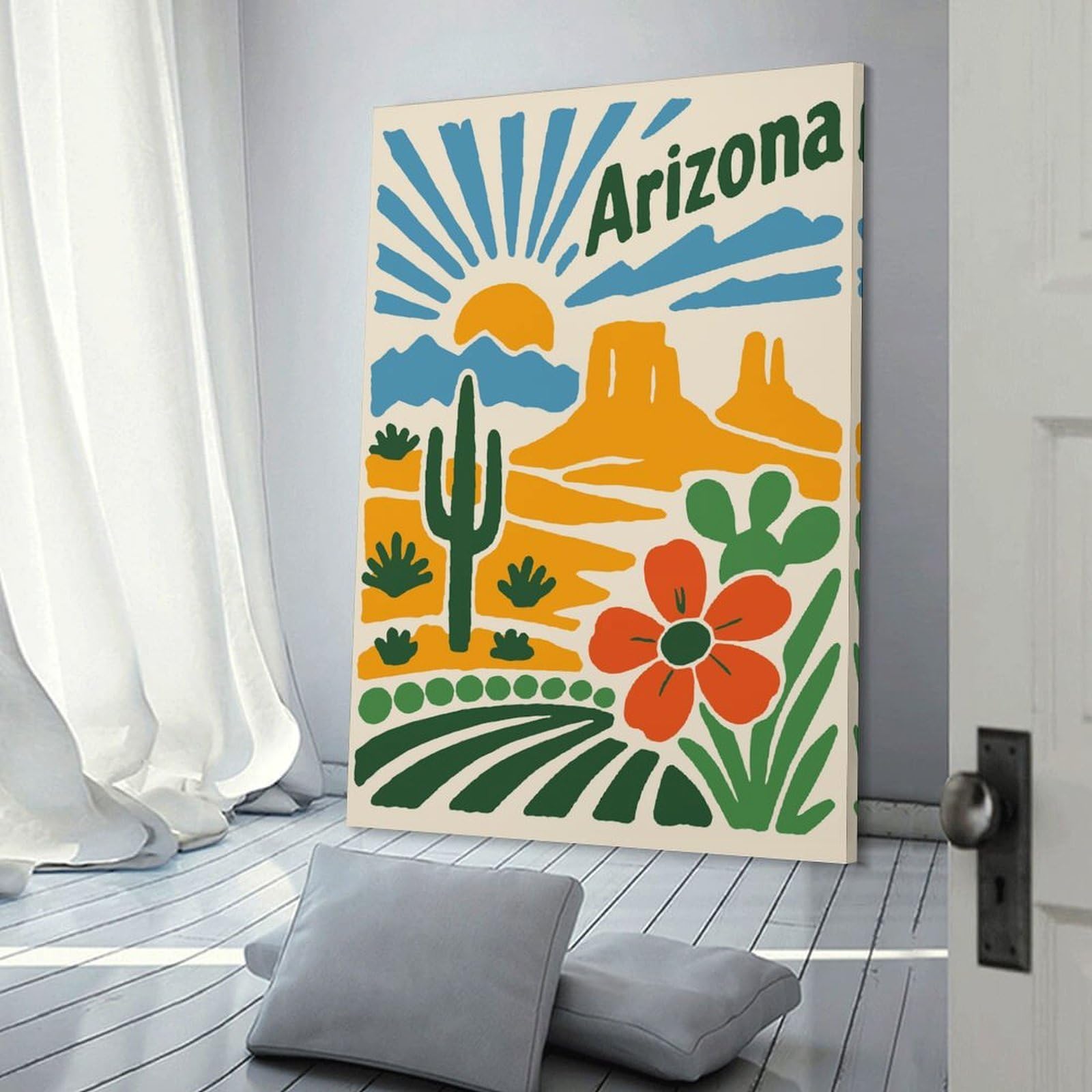 Junmoney Frame-Style-14-1 Arizona Desert Landscape Illustration Canvas Wall Decor 24X36inch(60X90cm), For Study, Office Or Focused Interiors, Wall Art That Adds Style To Work Areas