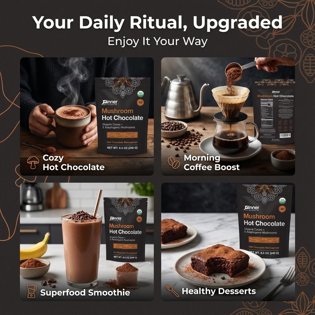 Inner Elevate Mushroom Hot Chocolate Superfood - Ceremonial Cacao with 5 Mushrooms (Lion's Mane, Cordyceps, Chaga, Reishi, Turkey Tail) - Great as a Coffee Alternative, Hot Chocolate, or Smoothie (30 Servings)