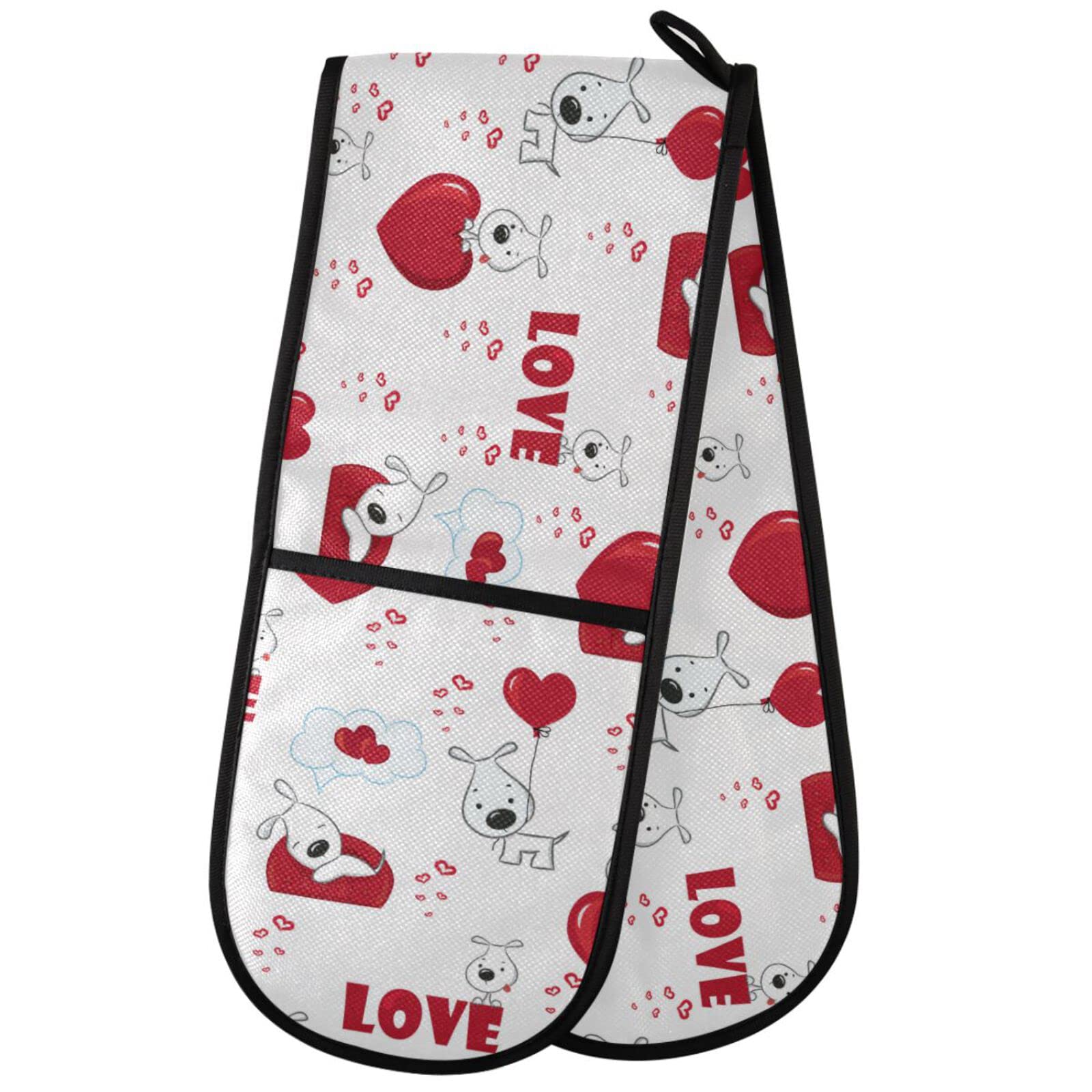 ZZXXB Cute Dog Red Love Heart Double Oven Mitt Heat Resistant Non-Slip Kitchen Gloves Extra Long 7" x 35" for Cooking Baking Barbecue Grilling — image 1