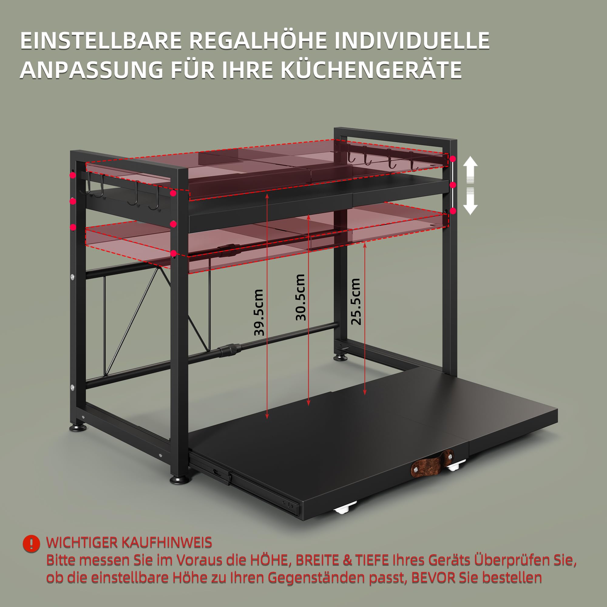 NETEL Erweiterbares Mikrowellen Regal mit schublade,2 stufig küchenregal | Regal küchen organizer für Backofen,kaffeemaschine&aufbewahrung,Robuster Kohlenstoffstahl,8 Haken,2 stufig,Schwarz