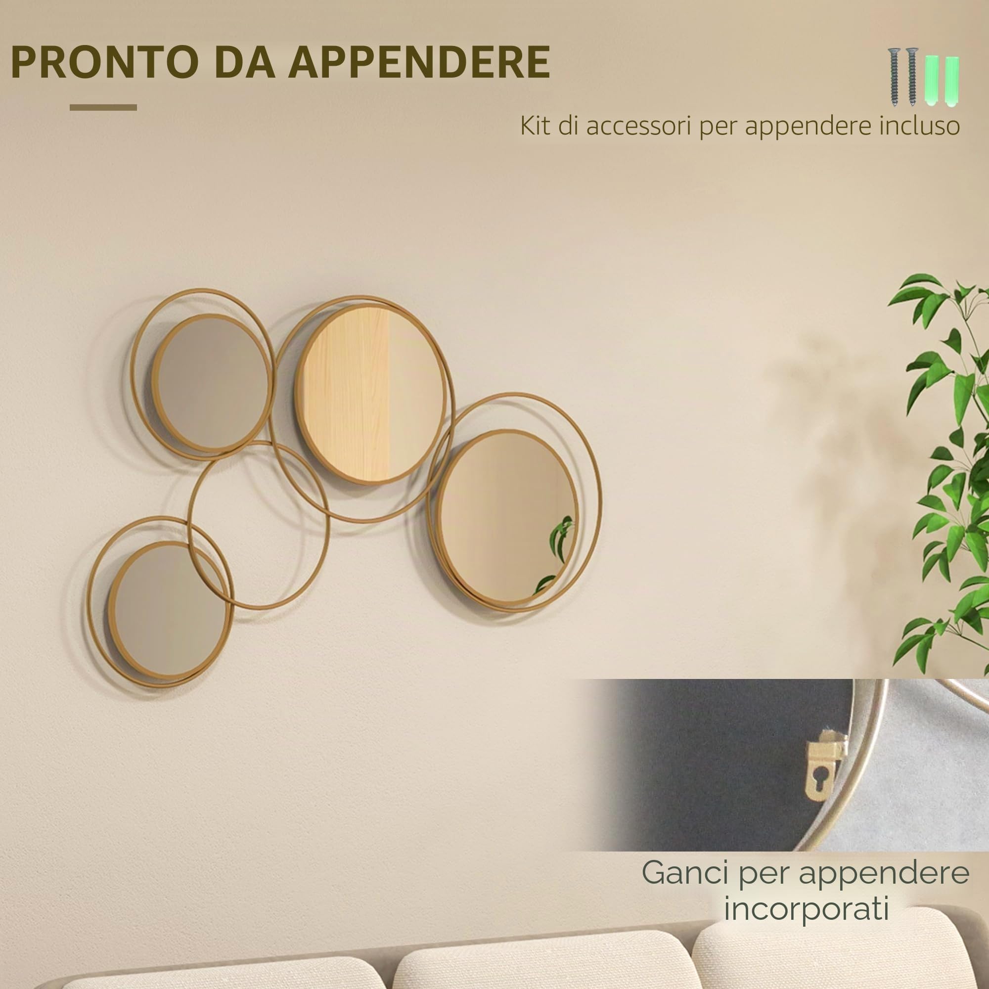 HOMCOM Specchio da parete in metallo 3D 4 specchi 110x68cm Oro | Decorazione murale rotonda in metallo per soggiorno, camera da letto, corridoio
