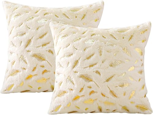 Miniatura 6 de OTOSTAR Juego de 2 fundas de almohada decorativas de lujo de 18 x 18 pulgadas, piel sintética suave con plumas estampadas doradas, fundas de cojín