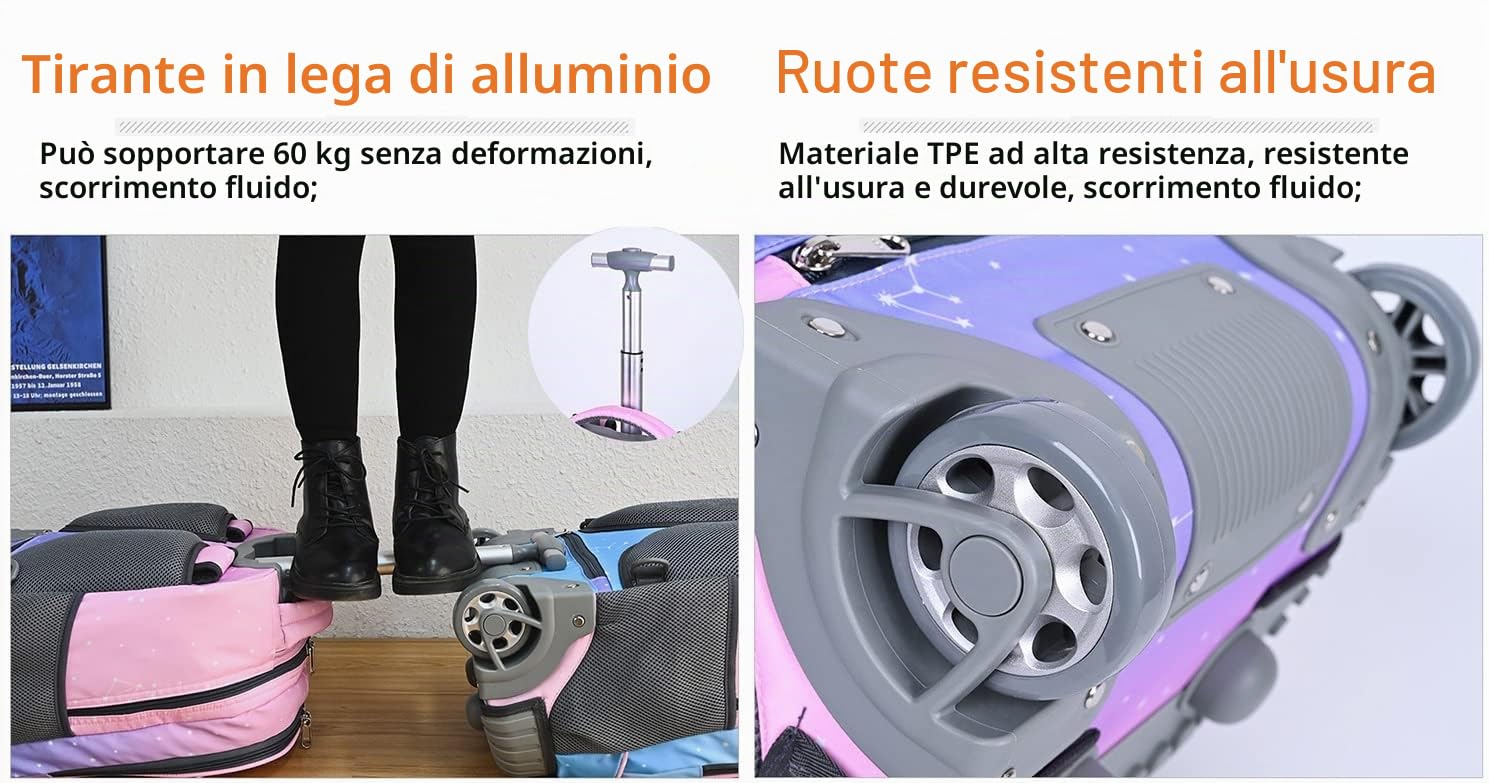 Zaino Trolley Ragazze Ragazzi, Zaino con Ruote Scuola Elementare Borsa Trolley Ideale per Bambini Studenti della Scuole Medie e Superiori
