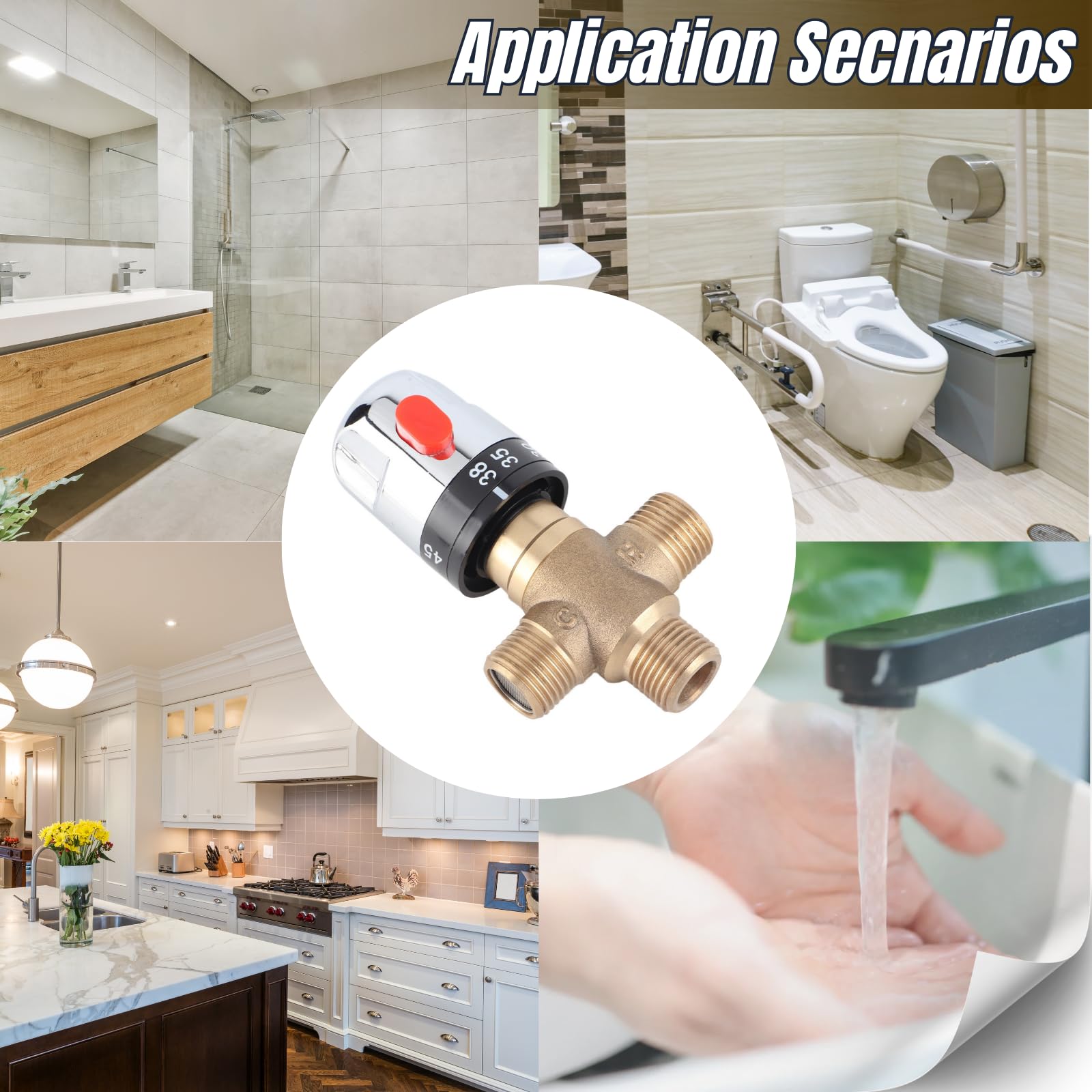 Thermostat Chauffe Eau Mélangeur Mitigeur Thermostatique en Laiton G1/2" 15 mm Avec Limiteur de Température 38-42°C Pour Salle de Bain Douche Lavabo Sécurité Anti-Brûlure