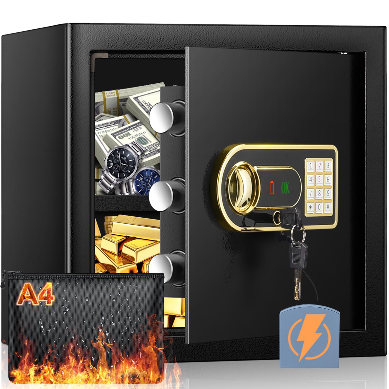 Mejasg Safe Tresor Feuerfest mit Feuerfester Wasserdichter Dokumententasche, 50L Möbeltresor mit Herausnehmbares Regal&Externes Batteriefach, Digitaler Tresor für Zuhause Bargeld Schmuck A4 Dokumente