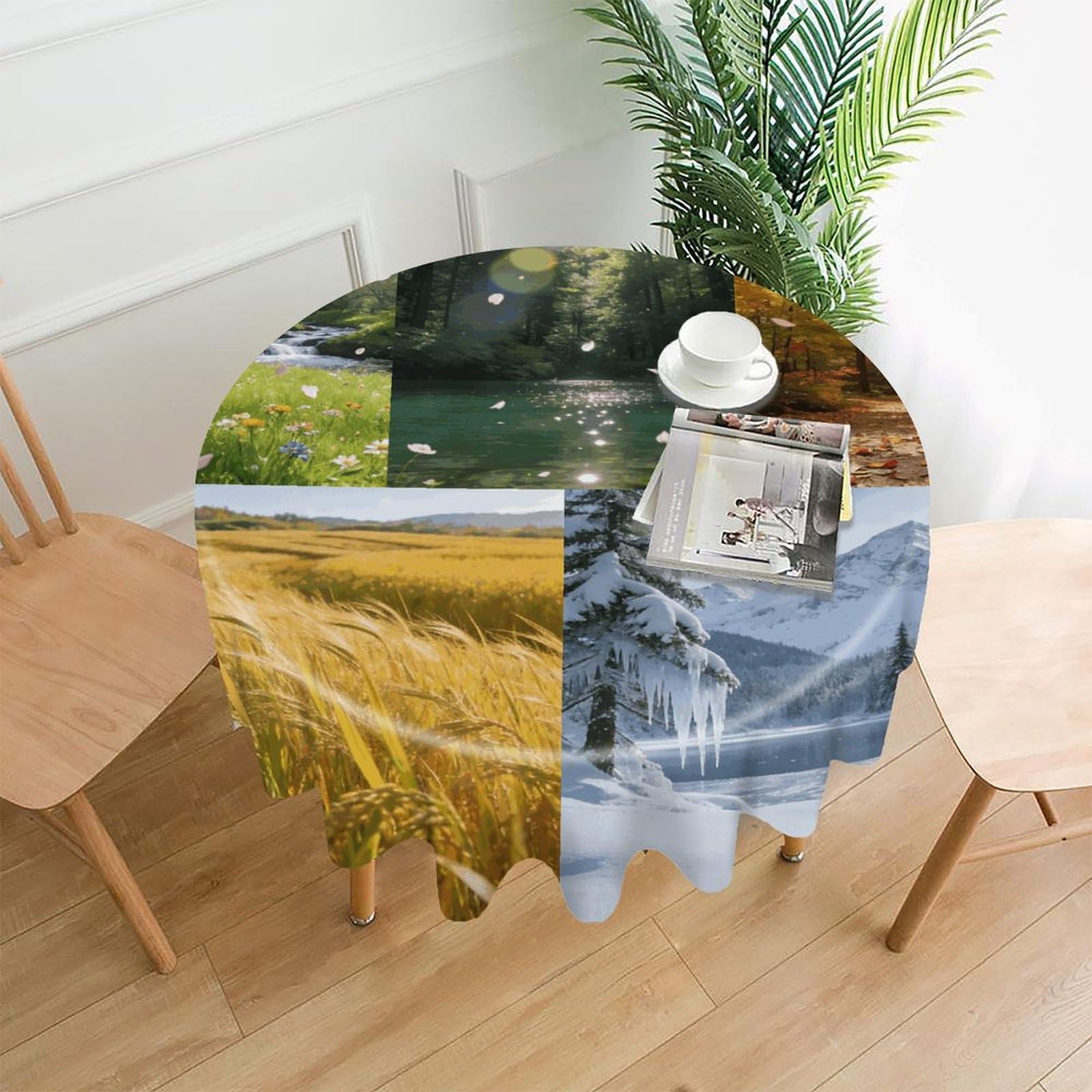 LZQPOEAS Scenery of The Four Seasons Tablecloth Easy to Clean Polyester Round Table Cover Washable Round Table Cloth Wrinkle-Free Circle Decoration Tablecloth for Kitchen and Dining Room 60"