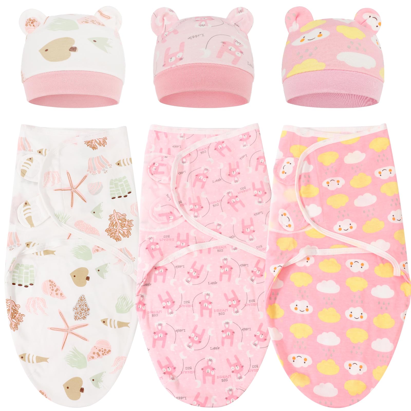 DRESHOW 3 Pack Newborn Swaddle Blanket with Hats Baby Printed Swaddles Infant Adjustable Swaddling Wraps for 0-3 Months Girls Boys