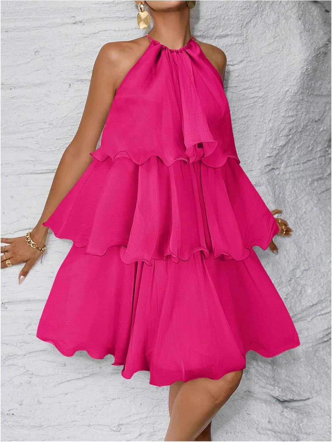 MakeMeChic Women's Wedding Guest Halter Mini Dress Ruffle Layered Sleeveless Summer Short Dress Flowy - Image 2