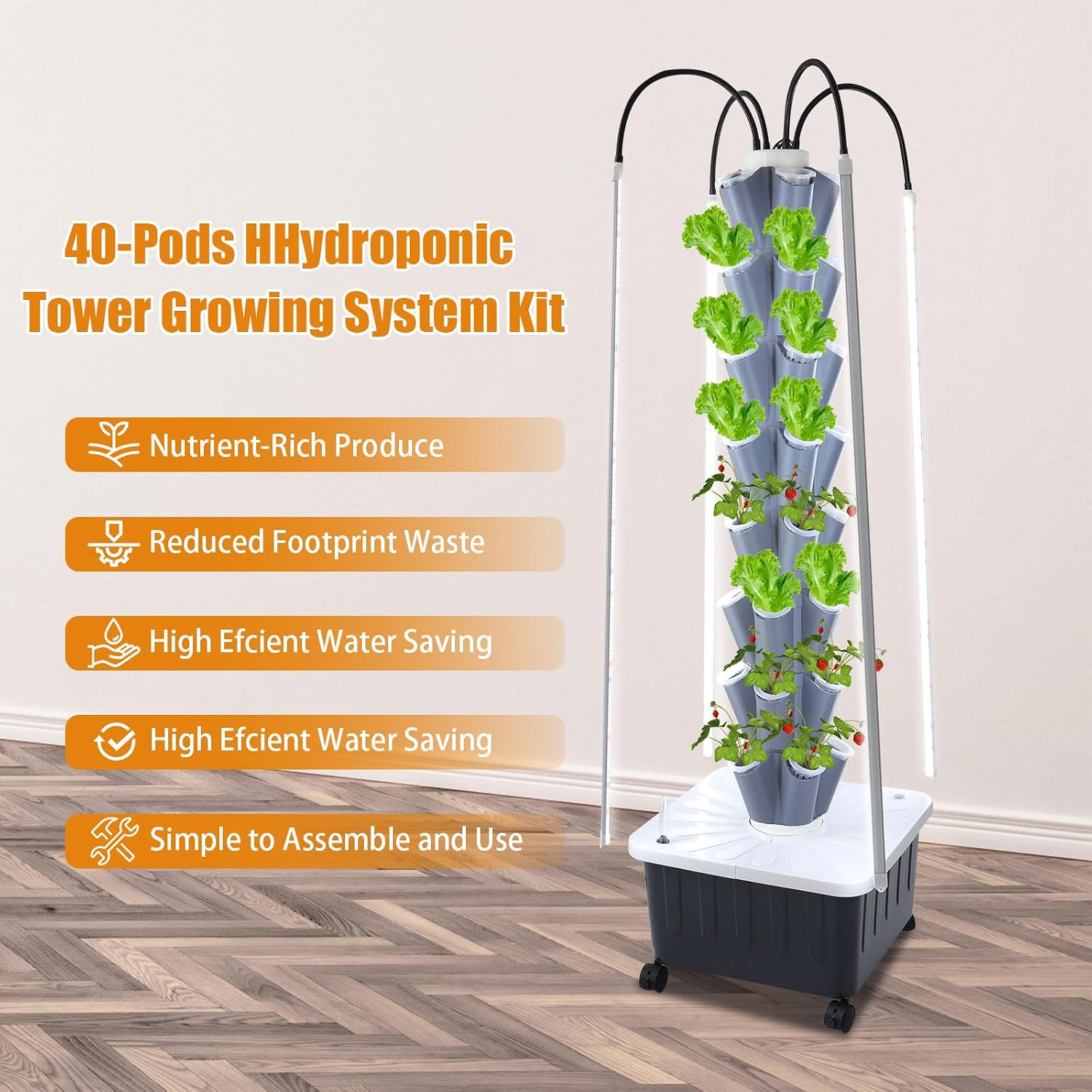 Hydroponics Growing System Tower Kit with Led Light, 40pods Vertical Hydroponic Tower, Hydroponics Tower Indoor Garden for Herbs, Fruits and Vegetables (8 Layer)