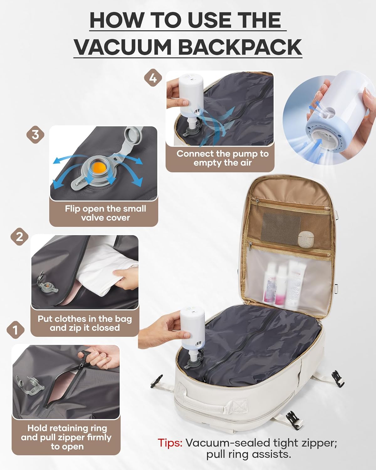 wepadre Vacuum Travel Backpack with Pump Travel Backpack with Vacuum System Easy Vac Pack Backpacks Compression Backpacks Mochila de Viaje Compresion al Vacio Beige - Image 3