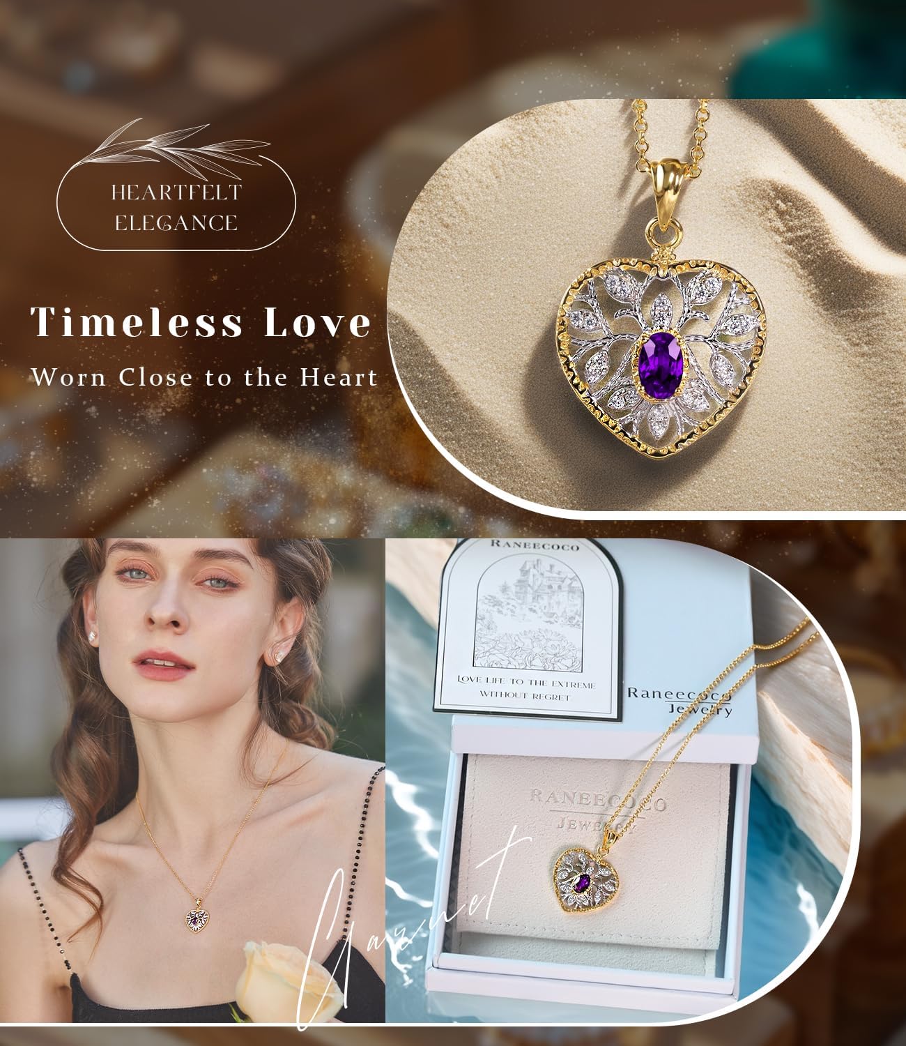 Raneecoco Natural Gemstone Necklace for Women 18K Gold Plated Sterling Silver Two-Tone Tree of Life & Love Heart Pendant Jewelry | Dainty Birthstone Gift For Her Mother Wife - Image 4