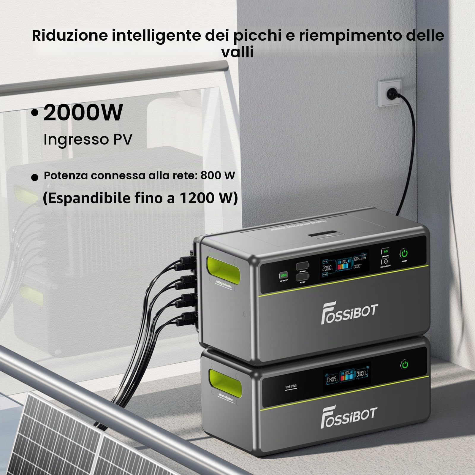 FOSSiBOT FBP1200 Centrale elettrica portatile da balcone con accumulo, Batteria LFP 1,98kWh, Espandibile fino a 39,16kWh, Microinverter All-in-One, 6500 Cicli di Carica Power station, Plug & Play