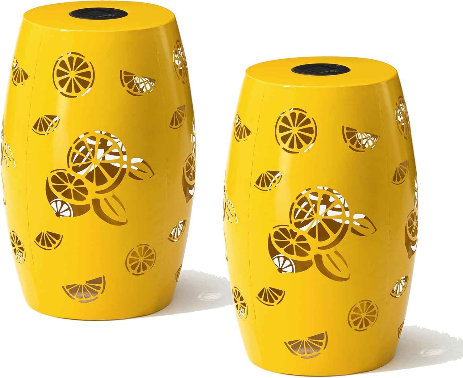 Glitzhome Set of 2 Iron Decorative Garden Stool,18.5" H Outdoor Side Table with Solar Powdered Light,Cutout Drum Silhouette Lemon Pattern Nesting End Table Planter Stand for Indoor Outdoor,Yellow