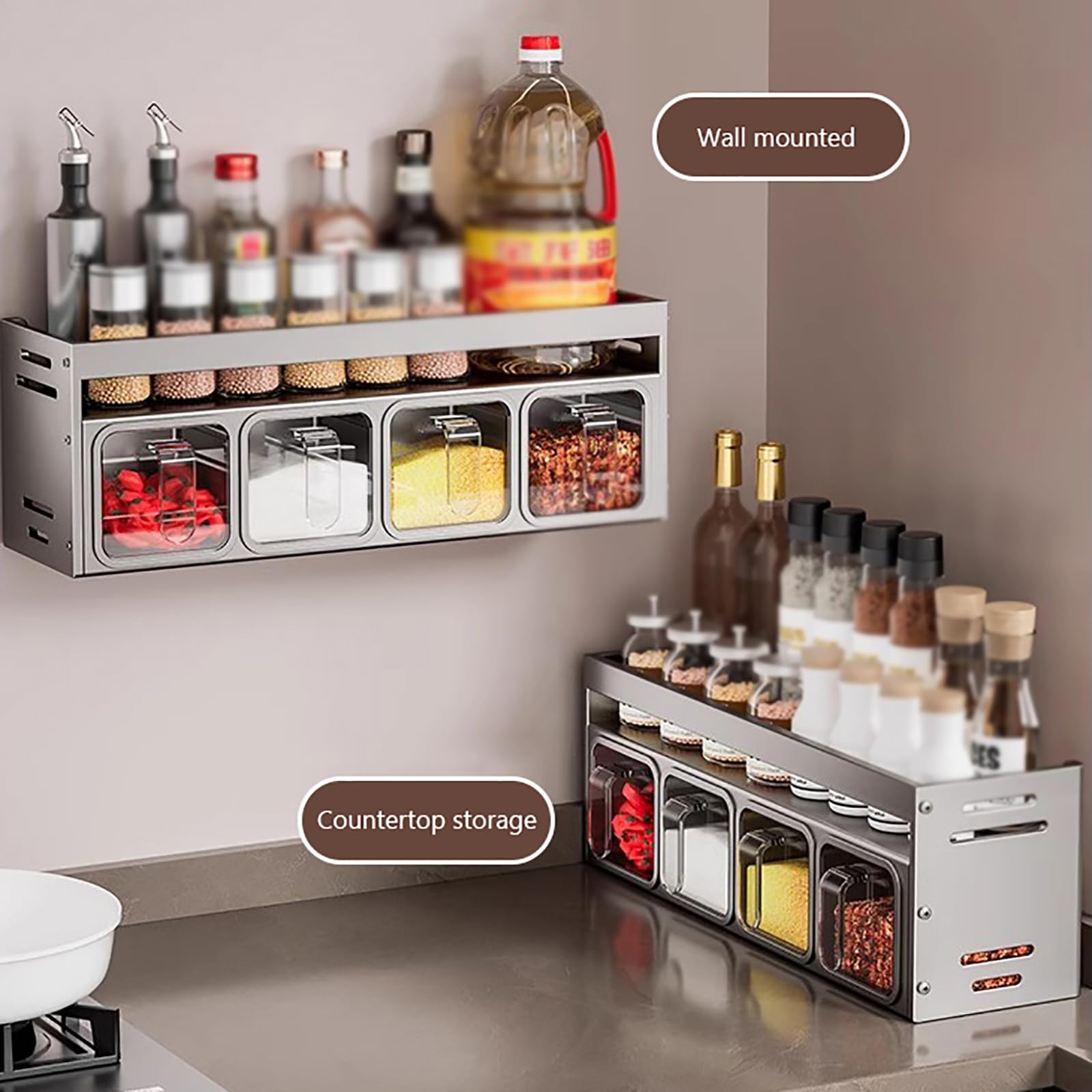 Estante de especias montado en la pared para cocina, 5 recipientes para hierbas y especias con asas, ideal para sal azúcar y condimentos, especias blancas para almacenamiento en encimera