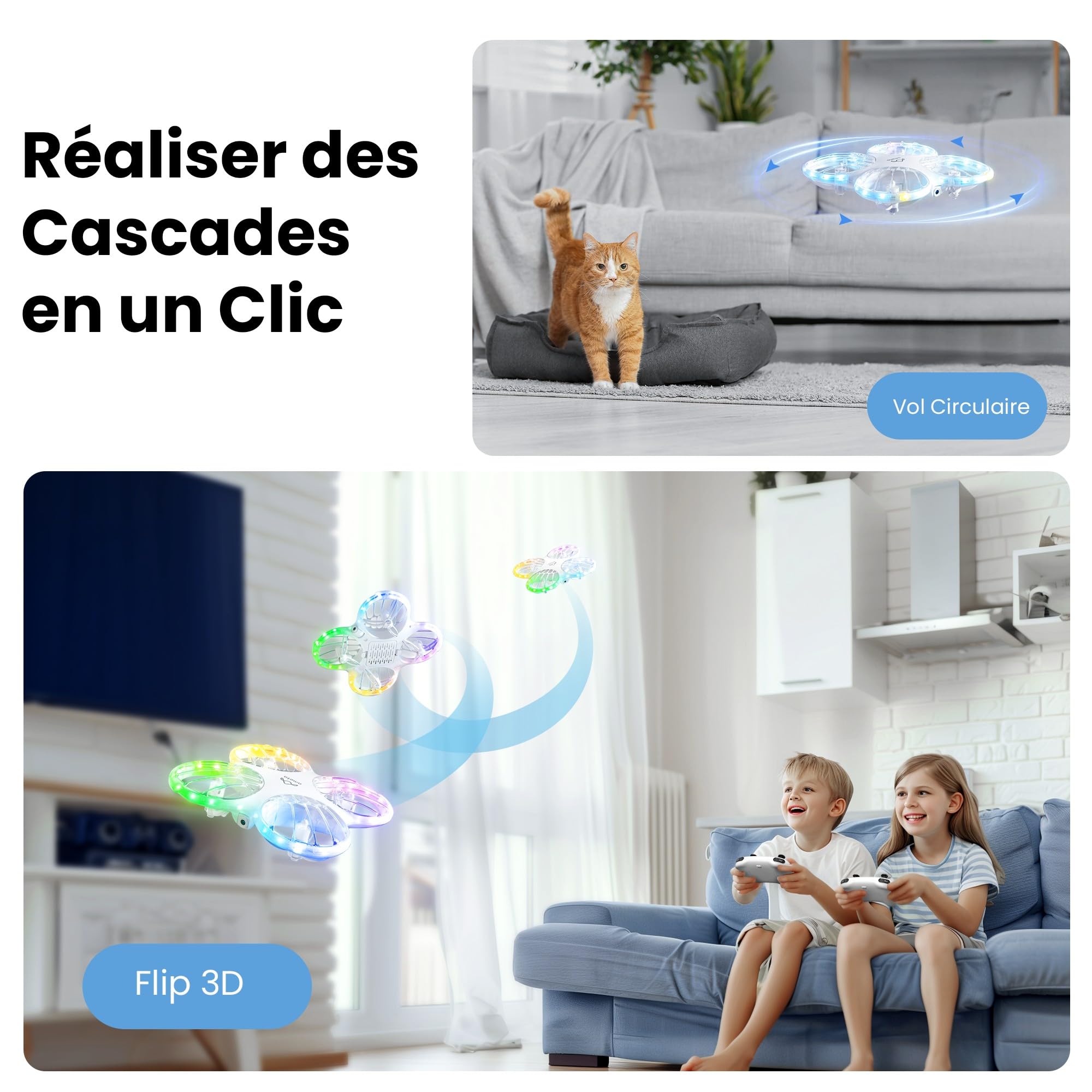 Ameta Morpho Drone avec Camera pour Enfant, 1080P FPV Mini Drones avec Module STEM/ 32 Lumière RGB/Vol Circulaire/Flip 3D/ Vol de 18min/ Buzzer de Perte, Cadeaux pour Garcon et Fille, Moins de 250g