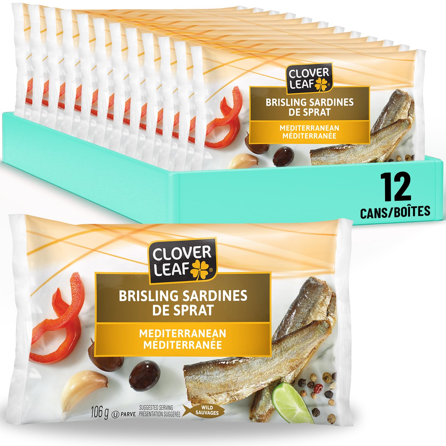 Clover Leaf Brisling Sardines Mediterranean - 106g, 12 Count - Canned Fish - High in Protein, 14g per Serving - Source of Omega-3, Iron, Vitamin D, and Calcium