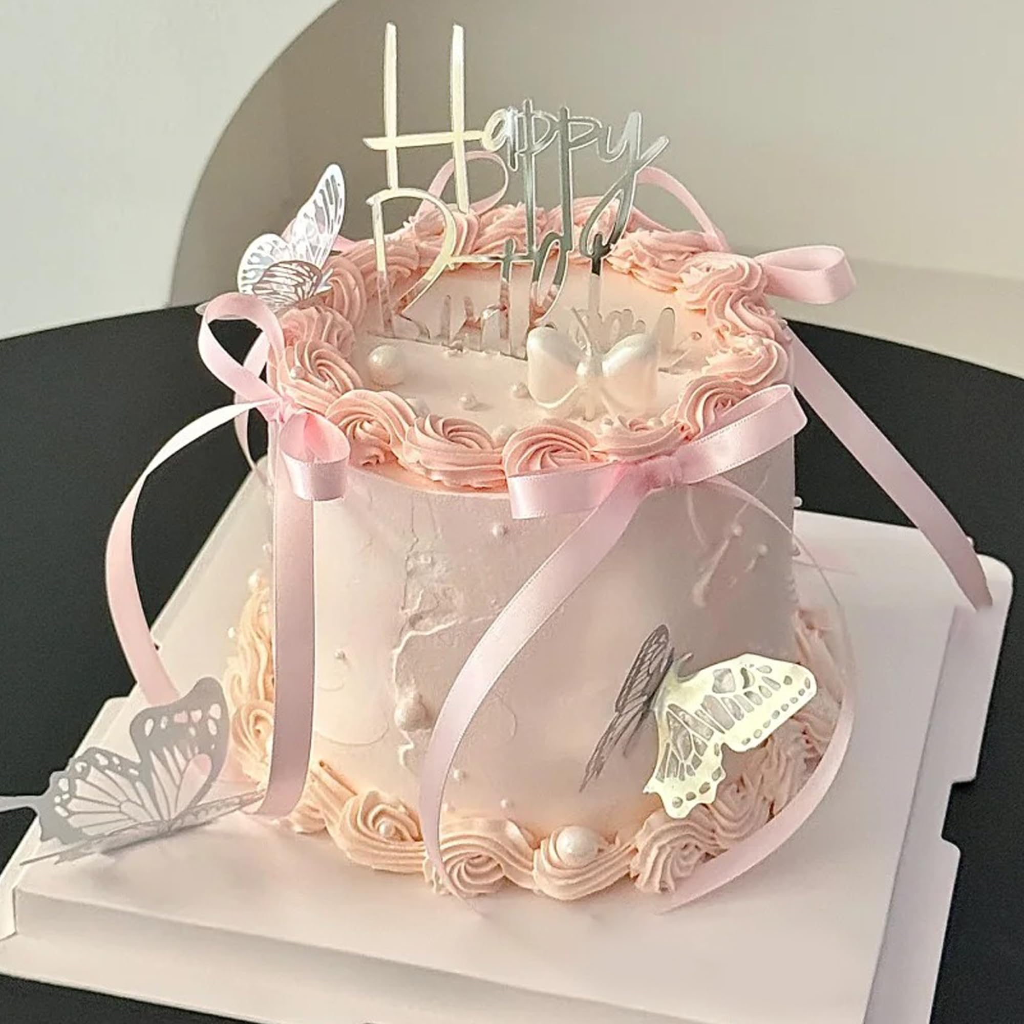 Xsstarmi Pink Bowknot Cake Decorations with Butterfly Silver Acrylic Happy Birthday Cake Topper for Baby Shower Wedding Birthday Anniversary Party Cake Decorations Supplies โ image 1
