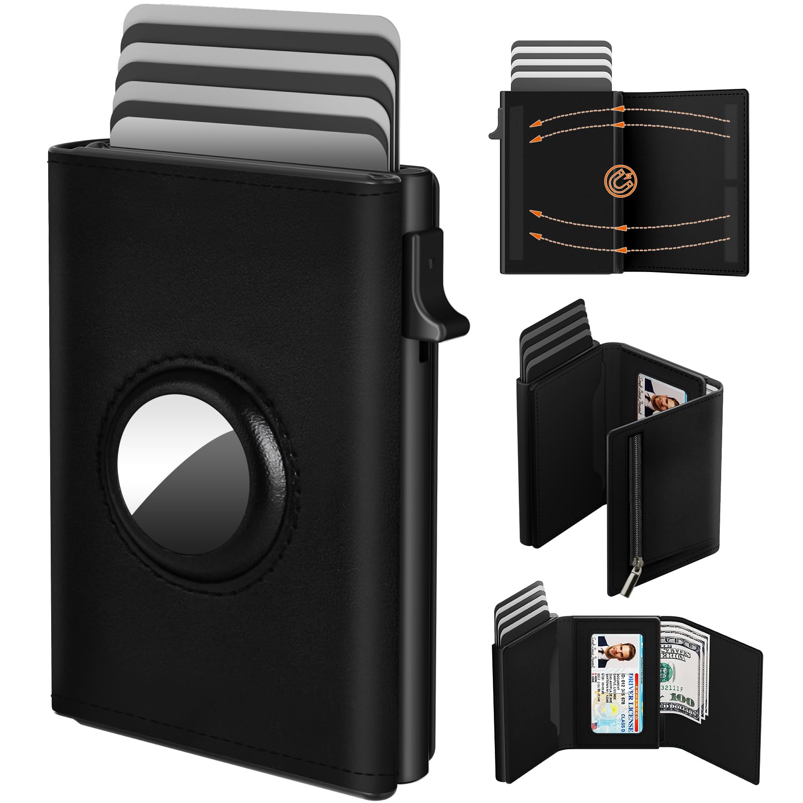 Portafoglio AirTag Uomo, Porta Carte di Credito, Blocco RFID, Portacarte Uomo Pop-up, Portafoglio Uomo Pelle Portamonete e Contanti, Capacità per 9-14 Carte | Finestra ID | Slot per Contanti