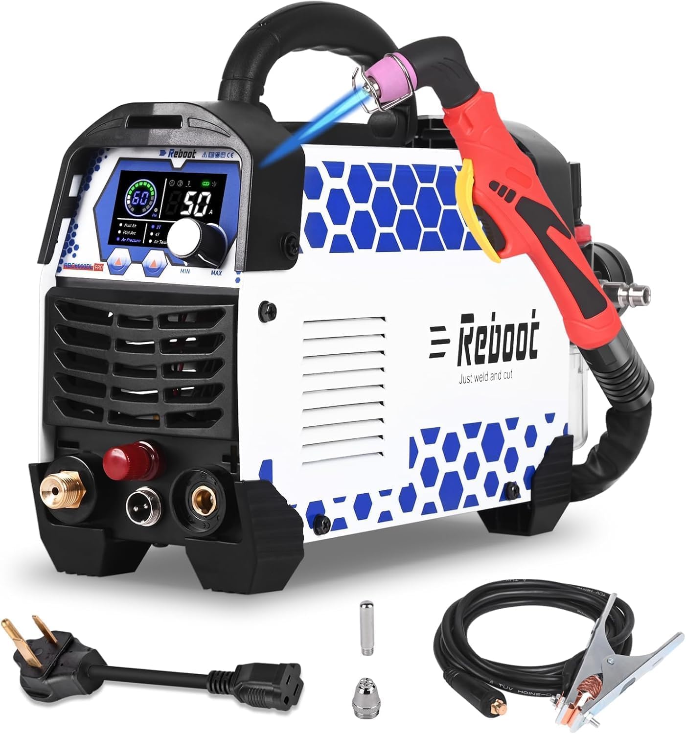 Reboot Plasma Cutter, 2025 Upgraded 60Amps Cutter Machine with 120/240V Dual Voltage DC Inverter IGBT 1/2 Inch Clean Cut, 4/5 inch Maximum Cut, Mesh Cutting, Rust Removal