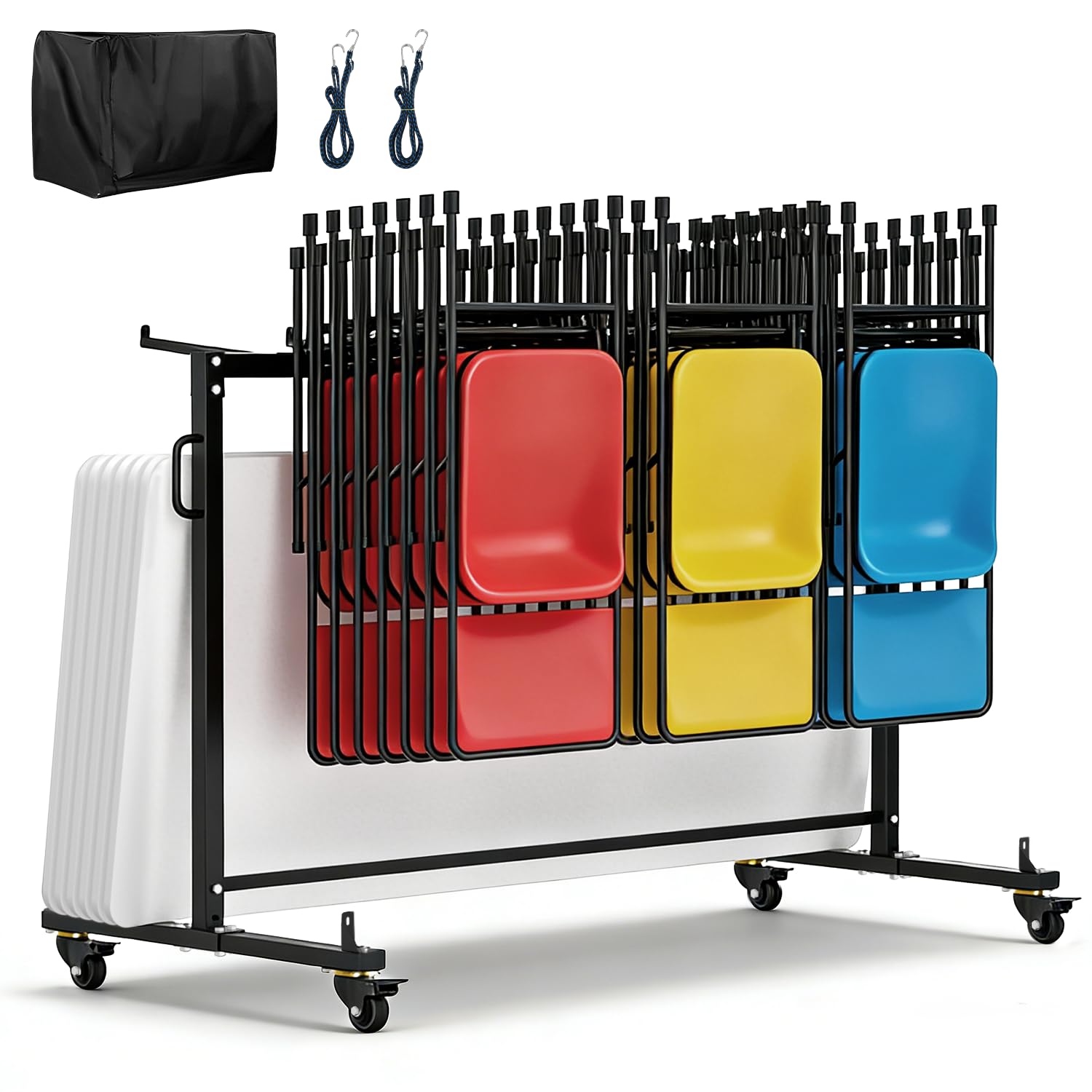 Photo 1 of Folding Chair Rack, Folding Chair Storage Cart for 42 Chairs or 12 Tables with Locking Rubber Wheels, 400 LBS Capacity for Weddings & Events, Includes Dust Cover & Elastic Cords, 71"L x 33"W x 40"H