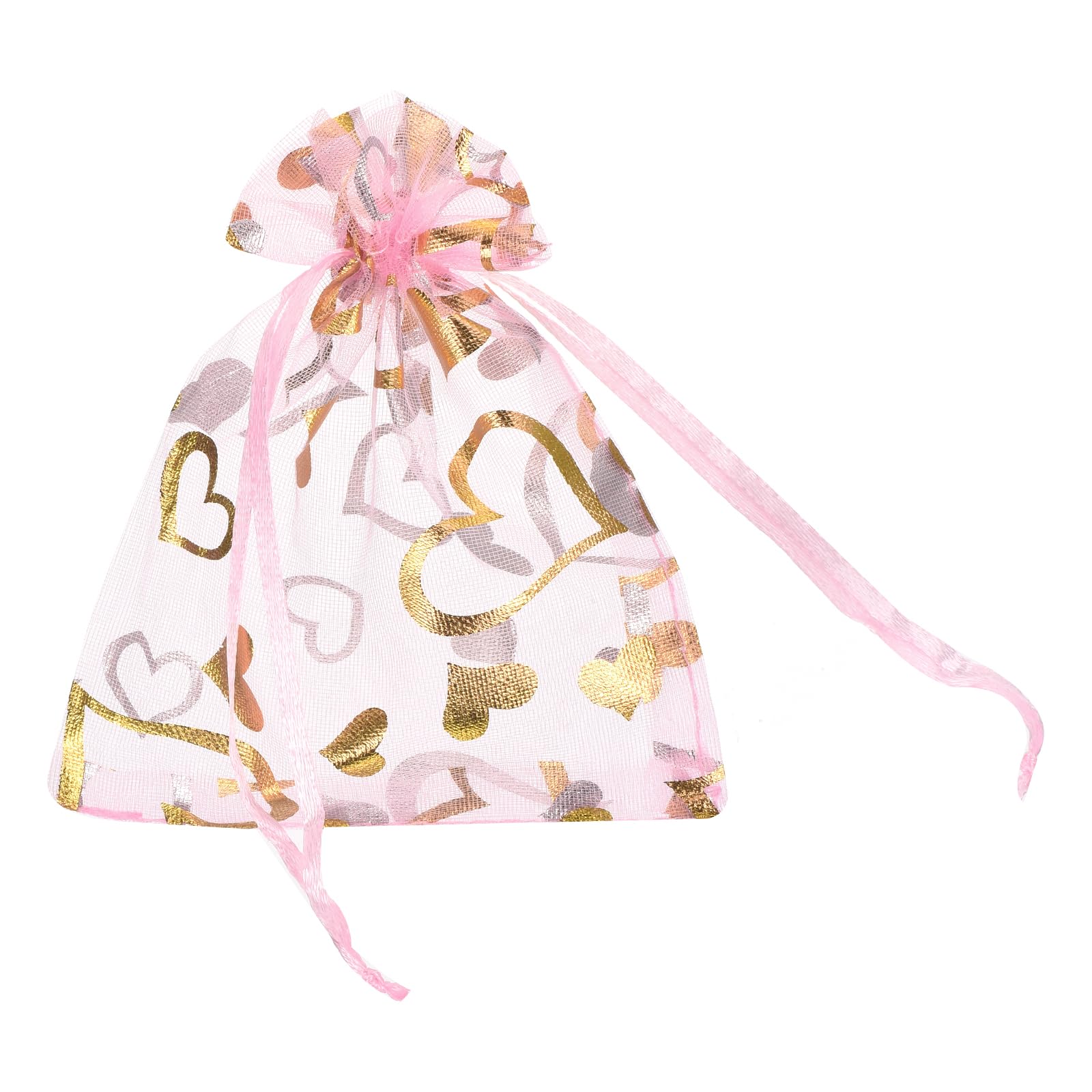 sourcing map Organza Bag 10 x 12cm, Sheer Heart Mesh Bags Drawstring Gift Bags Bulk Party Favor Bag Jewelry Pouches for Wedding Candy Valentines Wedding Festival (Pink-Gold, Pack of 50)