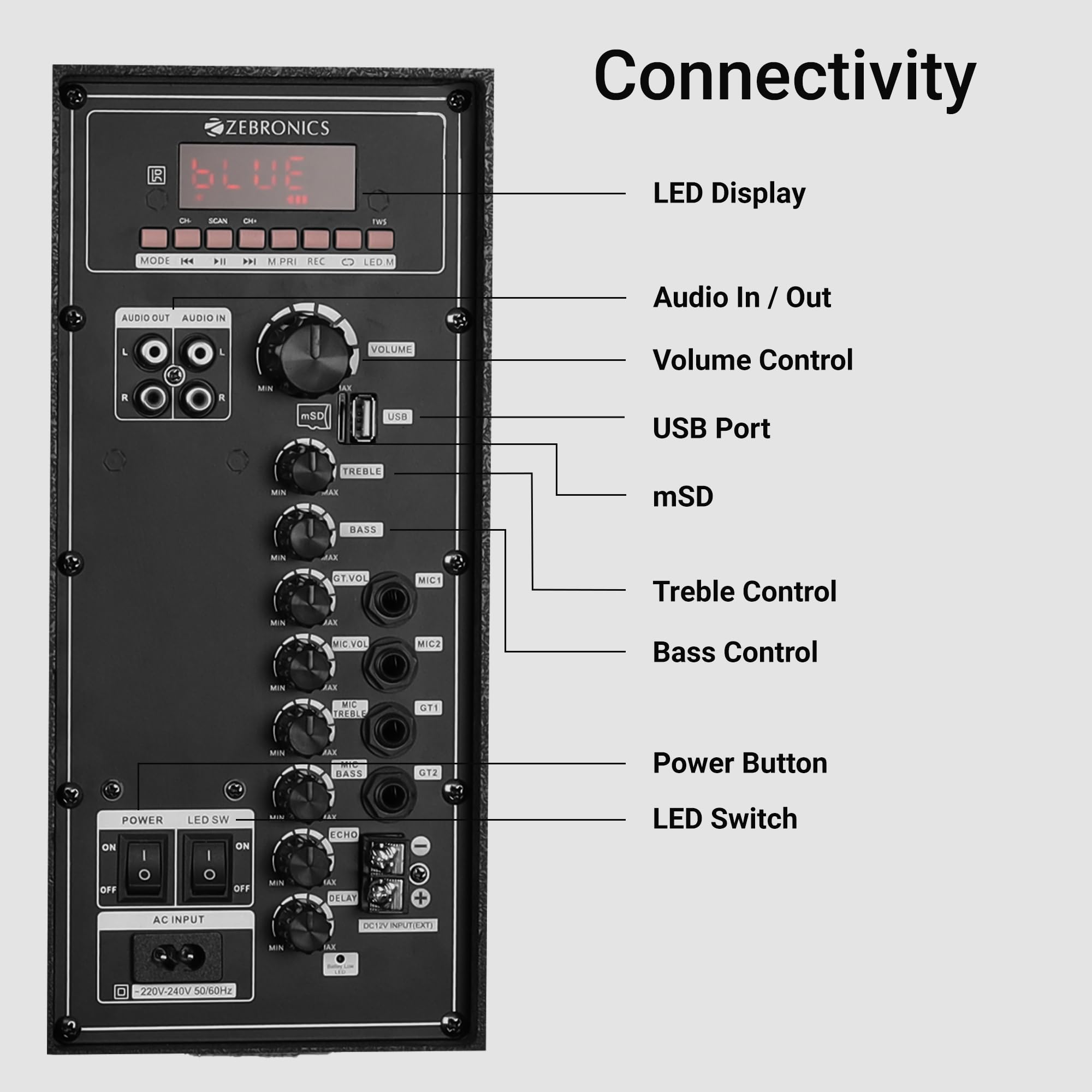ZEBRONICS GINOX Plus Party Trolley DJ Speaker,160W,Upto 10H Battery,Karaoke,BT V5.0 | TWS | USB | Msd | 2X Mic & Guitar Input | Aux in/Out,RGB LED,12Full Range Driver,with 2X UHF Wireless Mic,Black - Image 7 thumbnail