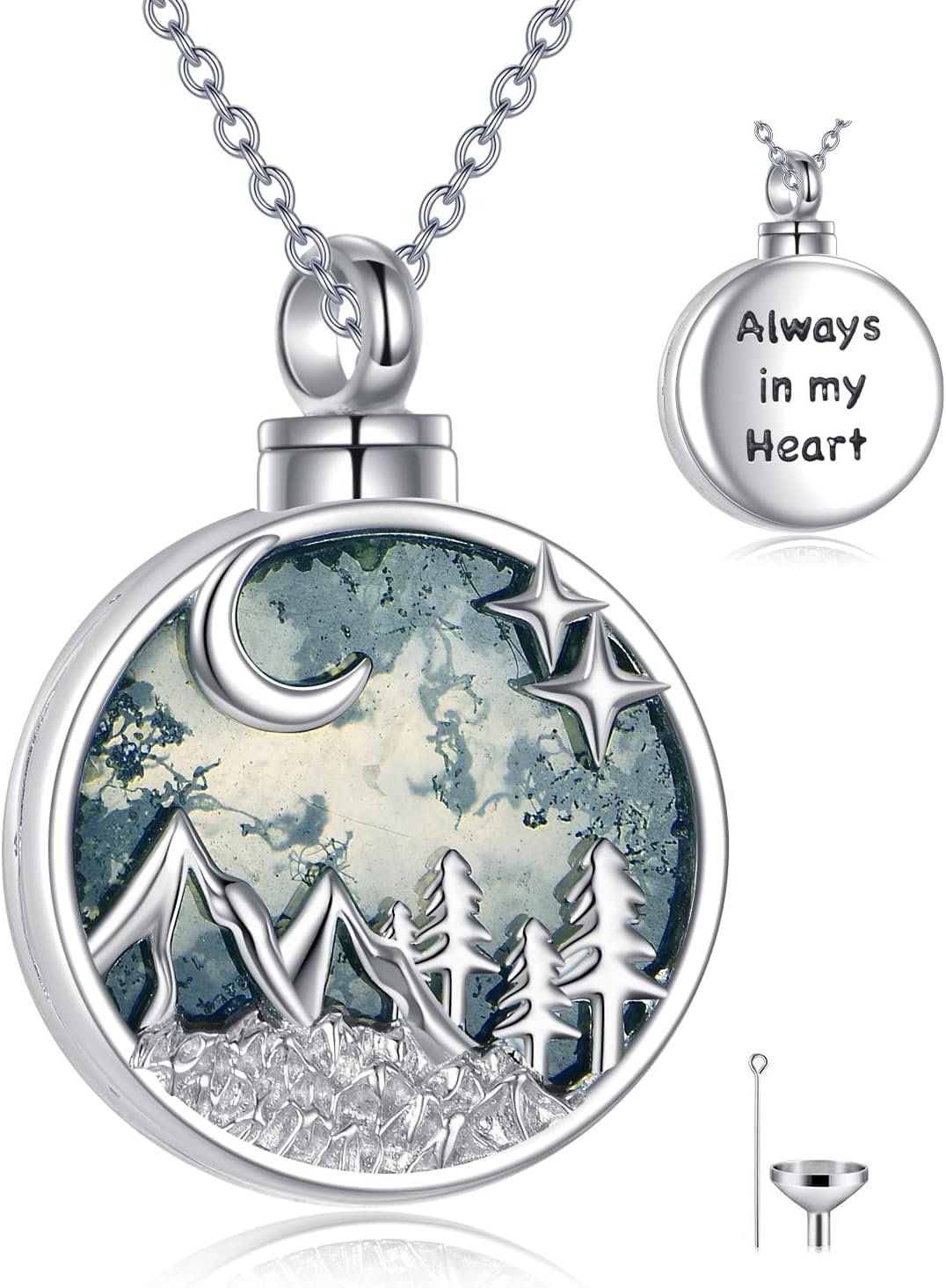 TIGER RIDER Mounitain Urn Necklace for shes 925 Sterling Silver Cremation Jewelry Urn Pendants for Women Moss agate/Abalone/Turiquoise Cremation Necklace Memorial Gifts