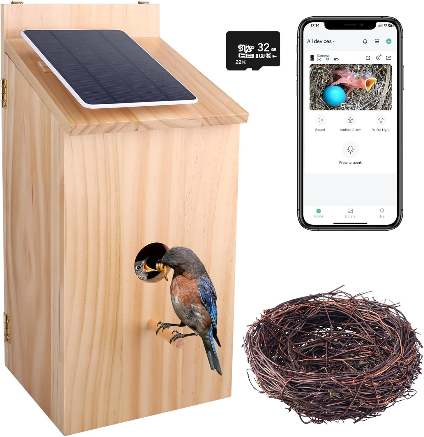 Smart Vogelhaus mit Kamera, 1080P HD Kabelloses Vogelhaus für draußen mit Nest Auto Capture Foto & Video, solarbetrieben 2.4G WiFi & App Benachrichtigung 32G SD-Karte Wasserdichtes Holz Vogelhaus
