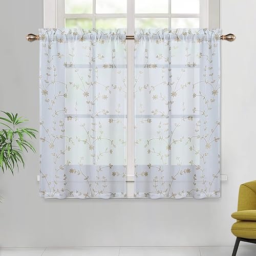 GlowSol Cortinas de cocina de 30 pulgadas de largo con bordado de hojas de flores cortinas de media ventana para comedor sala de estar dormitorio