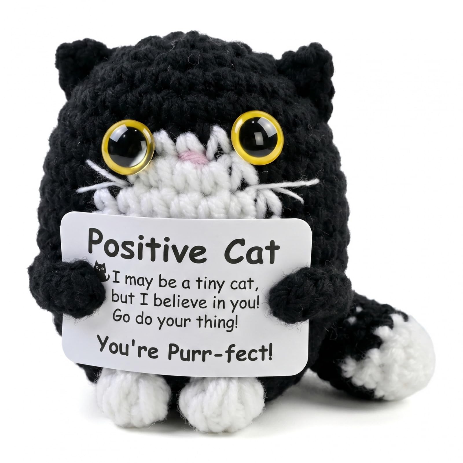 Zirax Emotional Support Crochet Black Cat, Cute Positive Animals with Encouragement Card, Handmade Knitted Cheer Up for Women Friends Family Birthday Decor