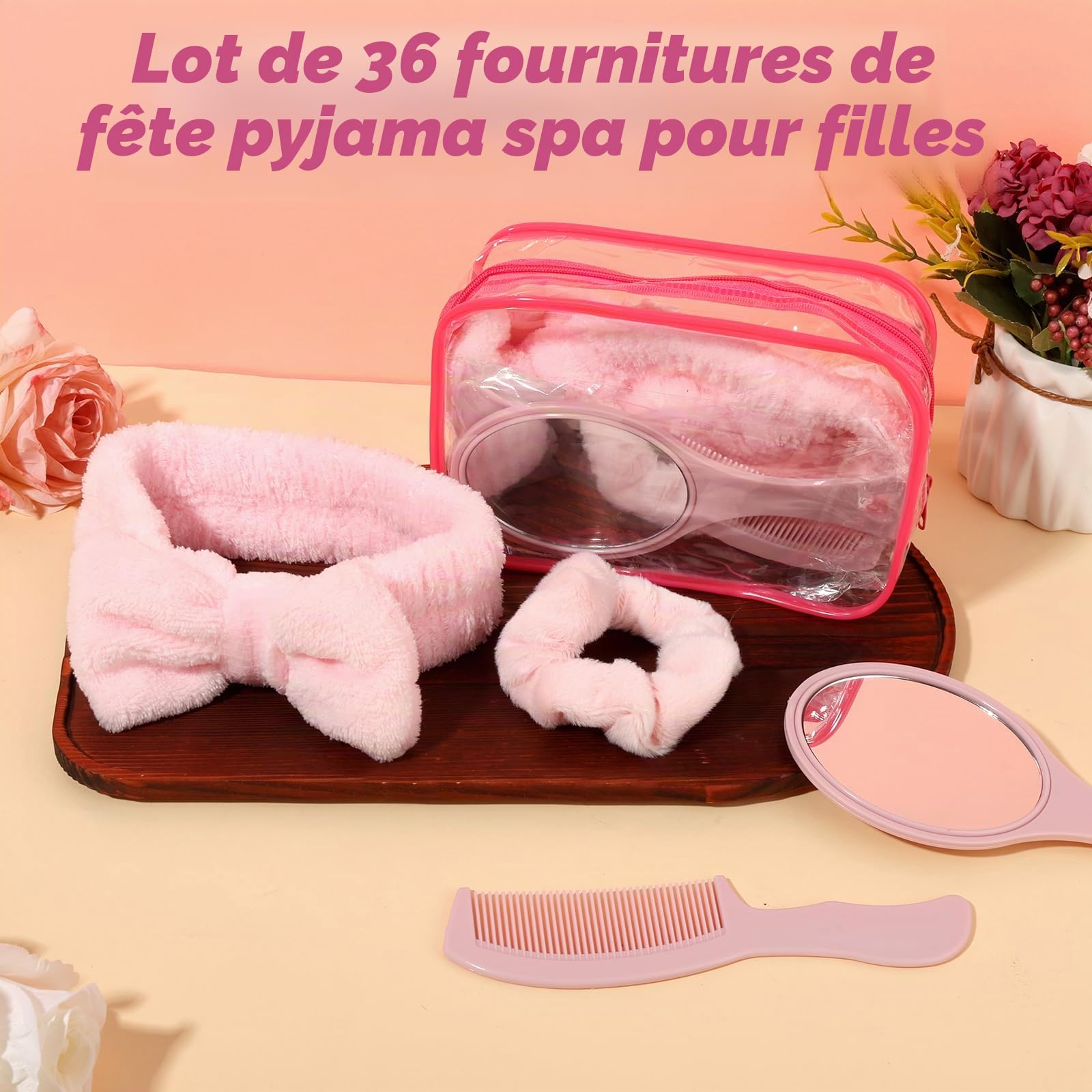 Lot de 36 accessoires fête pyjama, 6 masques roses, 6 chouchous velours, 6 sacs rangement, 6 miroirs, 6 peignes, cadeau soirée pyjama
