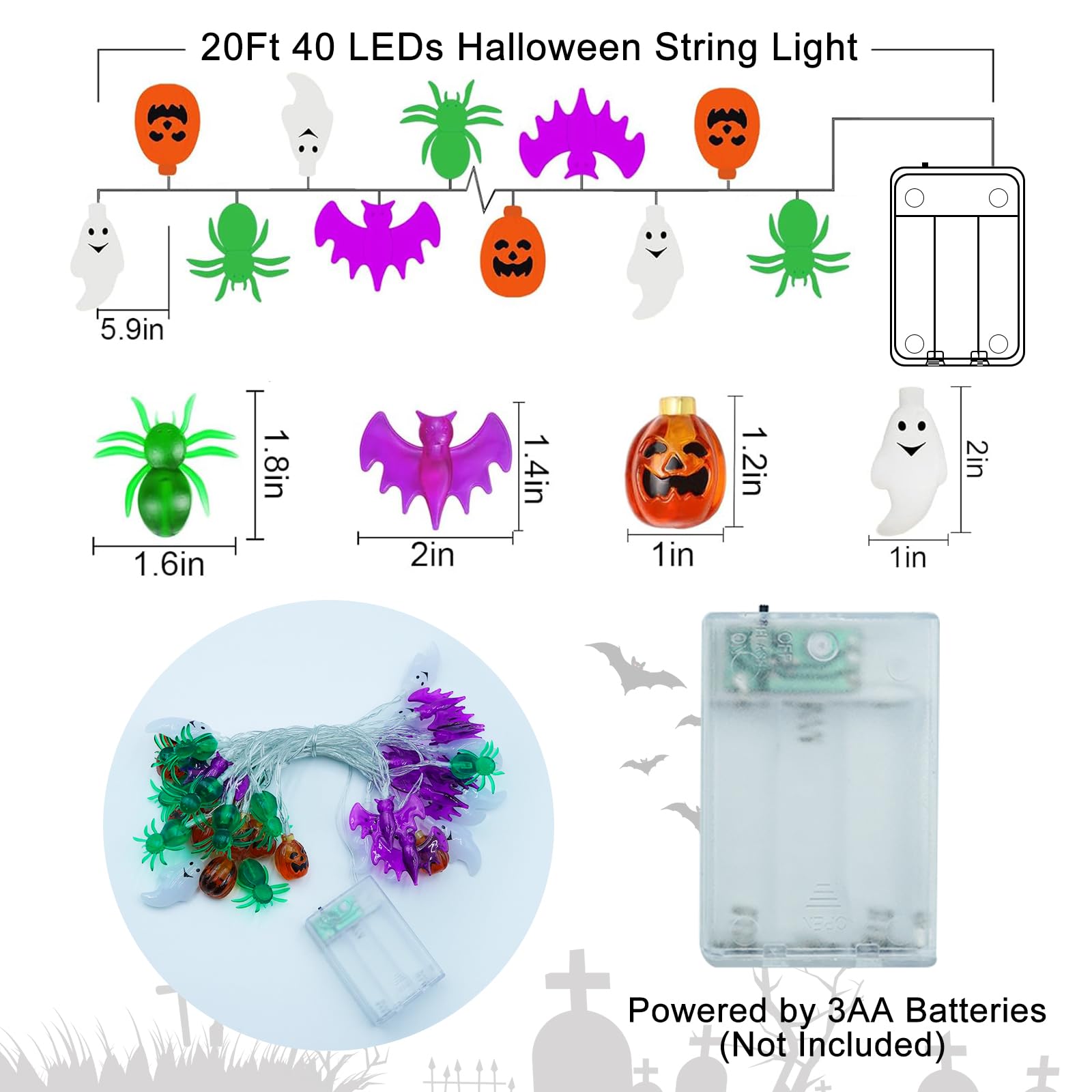 Luci decorative per Halloween, 6 m, 40 LED, 3D, zucca, pipistrello, fantasma, ragno, a batteria, luci scintillanti impermeabili per casa, porta, portico, interni ed esterni, decorazione per feste di
