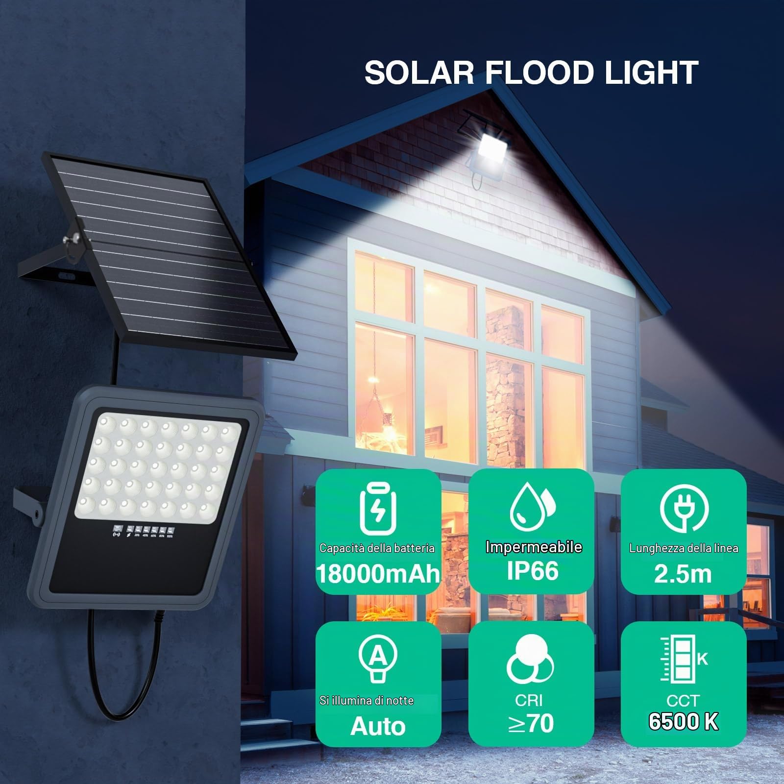 Faretti solari a led da esterno, batteria di grande capacità da 18000mAh, luci da esterno giardino solari IP66 impermeabile, 6500K, luci solari da esterno con telecomando (funzione timer)