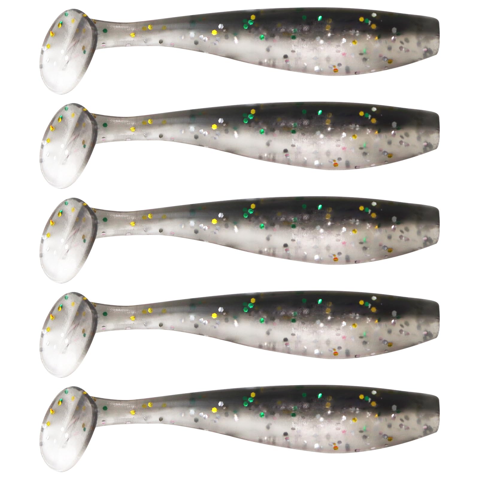 MAFIMOEA 50 Pcs Soft Fishing Lures Plastic Paddle Tail Swim Baits Kit for Bass Trout Walleye Crappie 5 Mixed Colors Fishing Soft Plastic Lure Kit 5.5CM