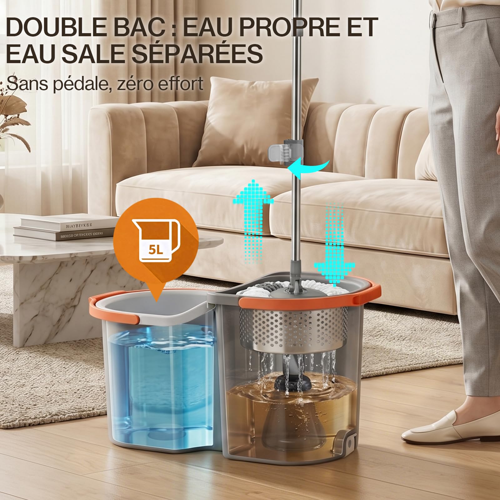 MASTERTOP Ensemble Balai Serpillère et Seau Essoreur - Eau Propre/Eau Sale | Essorage Par Pression, Manche Télescopique Réglable, Tête Rotative à 360° - 2 Housses Microfibres Lavables
