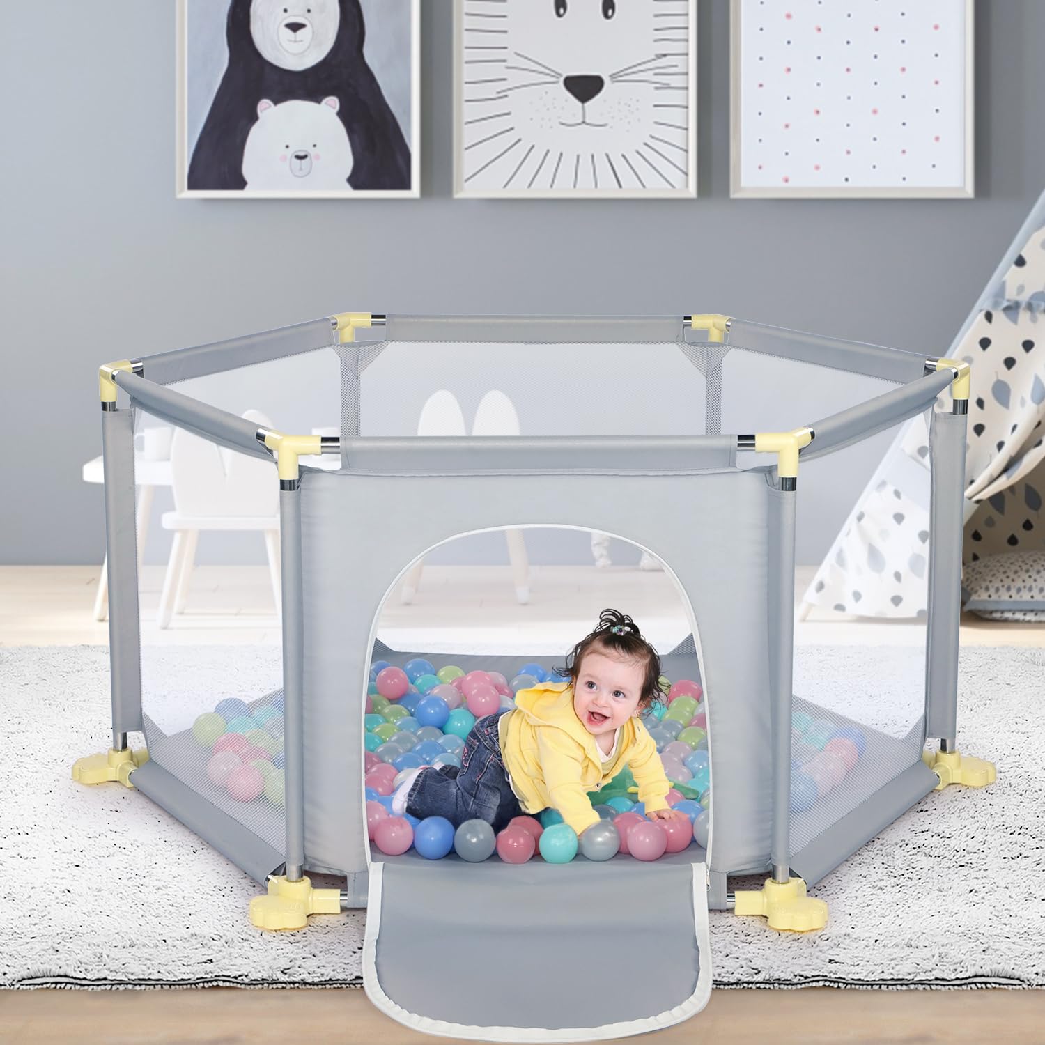 Light Grey 6-Panel Baby Playpen with Breathable Mesh and 30 Play Balls - Indoor/Outdoor Portable Kids Activity Centre for Toddlers